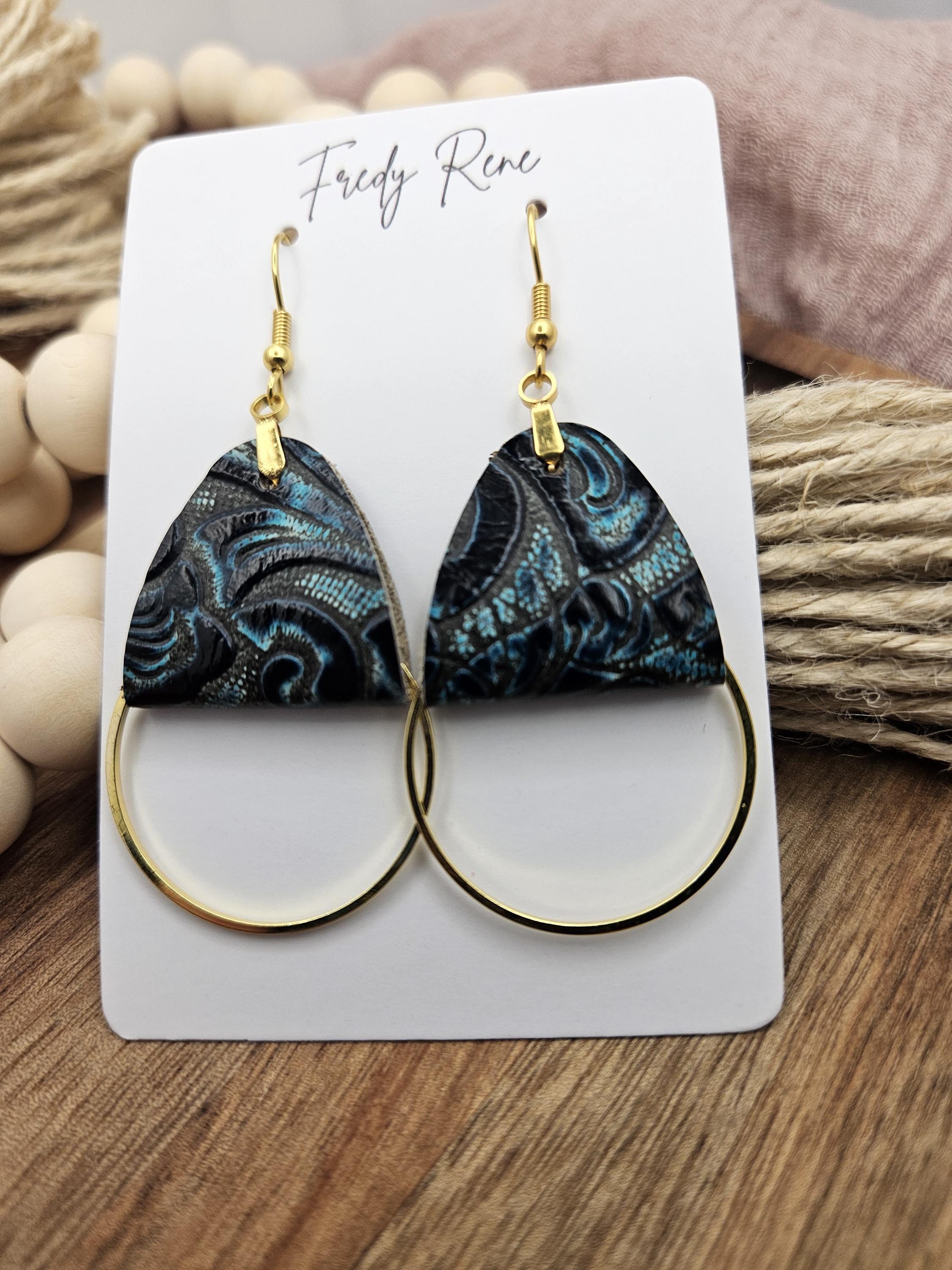 Stylish Blue Leather Earrings with Gold Metal Circles - Handmade Lightweight Design for Everyday or Special Occasions - Thumbnail 2