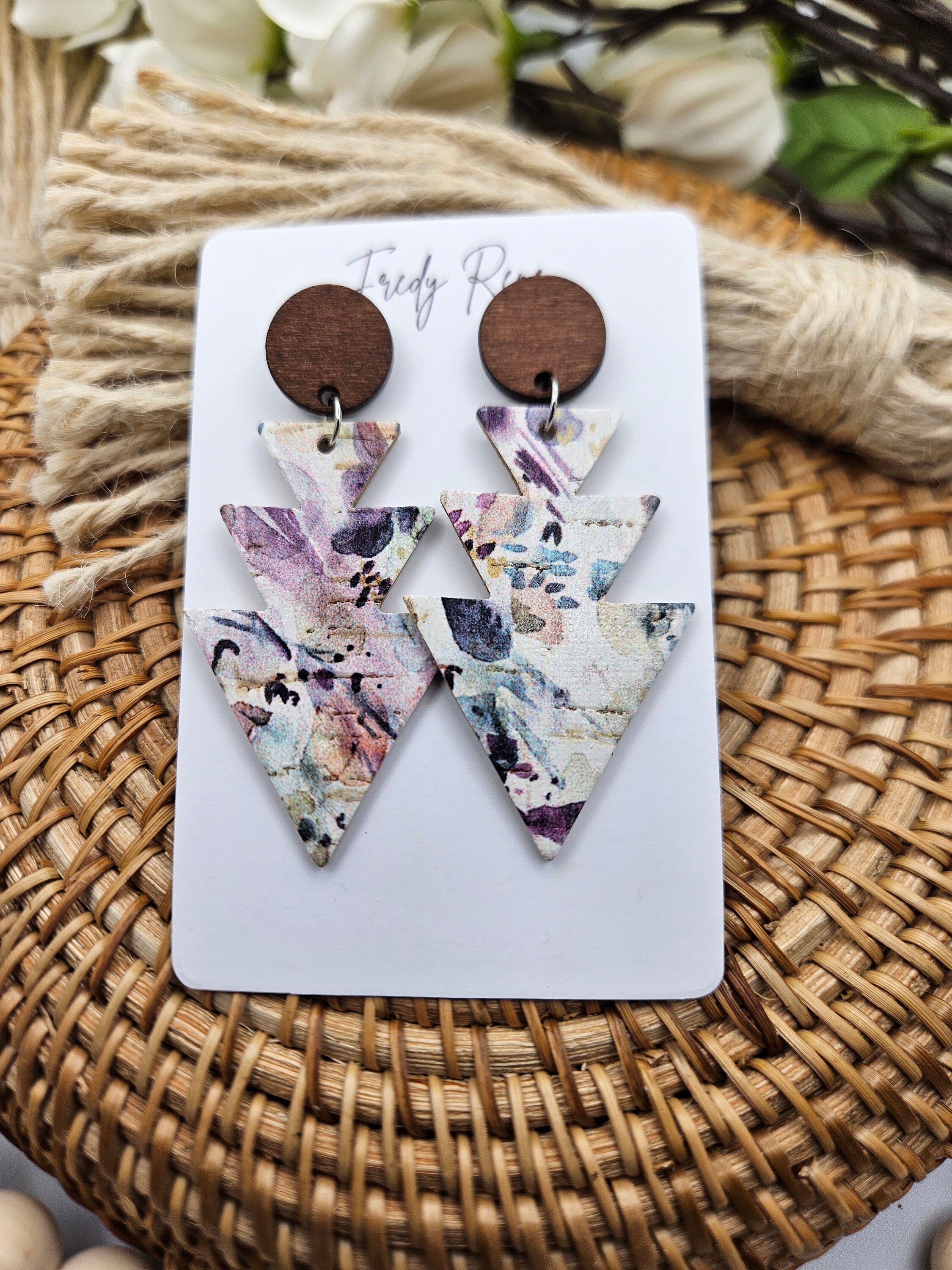 Watercolor Floral Cork Earrings with Genuine Leather Backing- Lightweight Handmade with Wooden Studs - Thumbnail 2