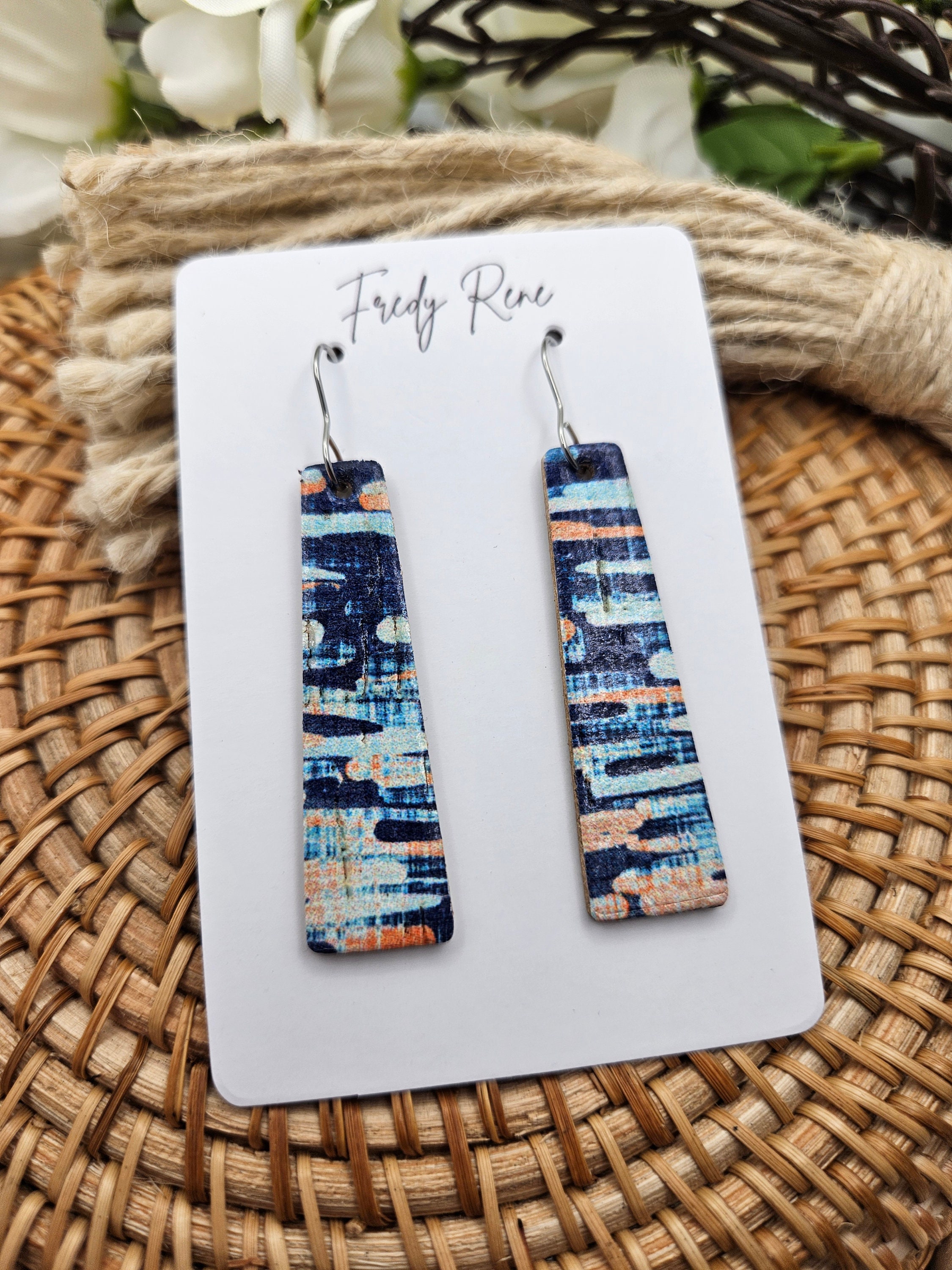 Abstract Blue Bar Cork Earrings with Genuine Leather Backing- Handmade Dangle Earrings for Everyday Wear