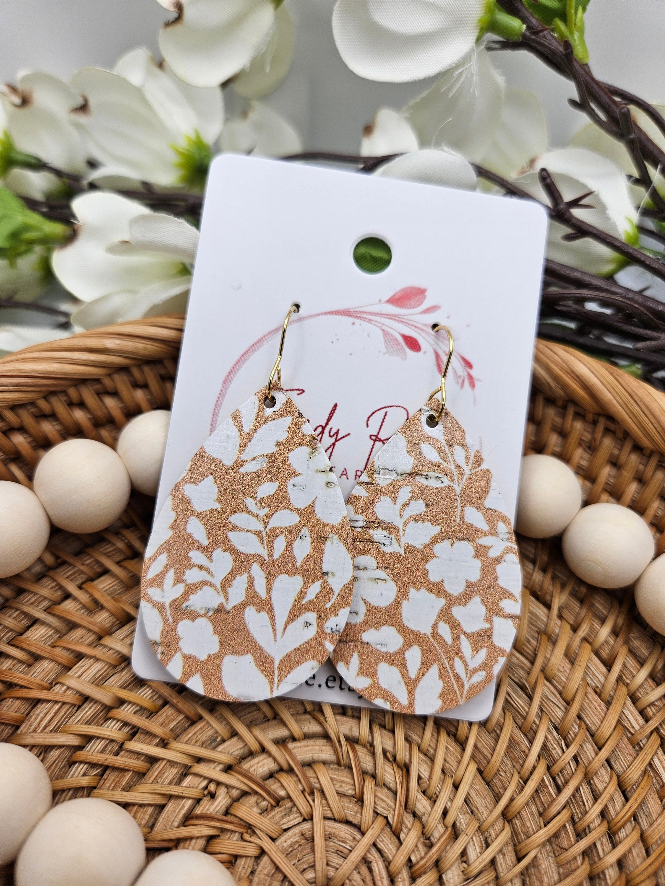 Medium Handcrafted Floral Cork Teardrop Earrings with Genuine Leather Backing - Thumbnail 6
