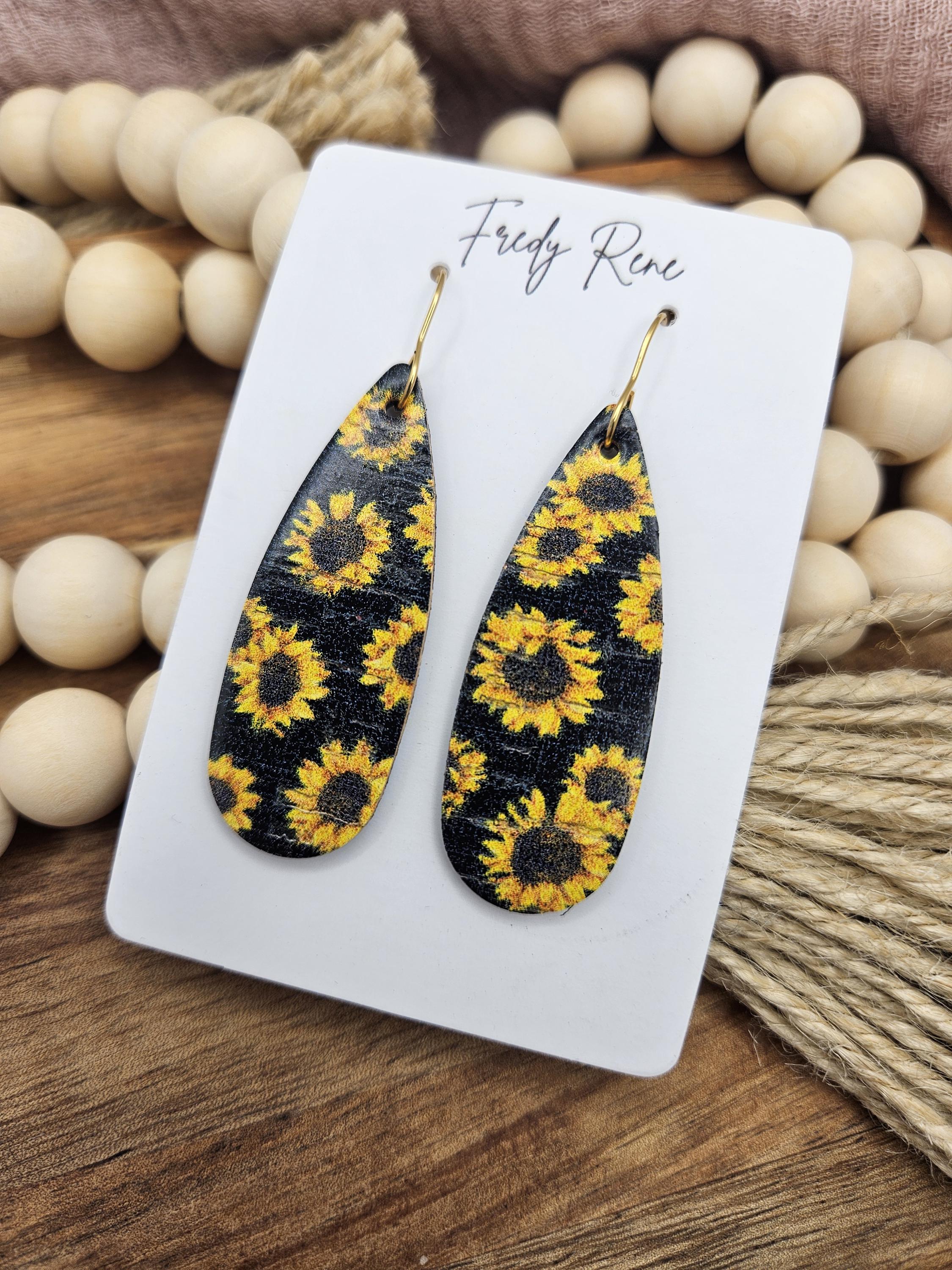 Handcrafted Narrow Sunflower Cork Teardrop Earrings with Genuine Leather Backing