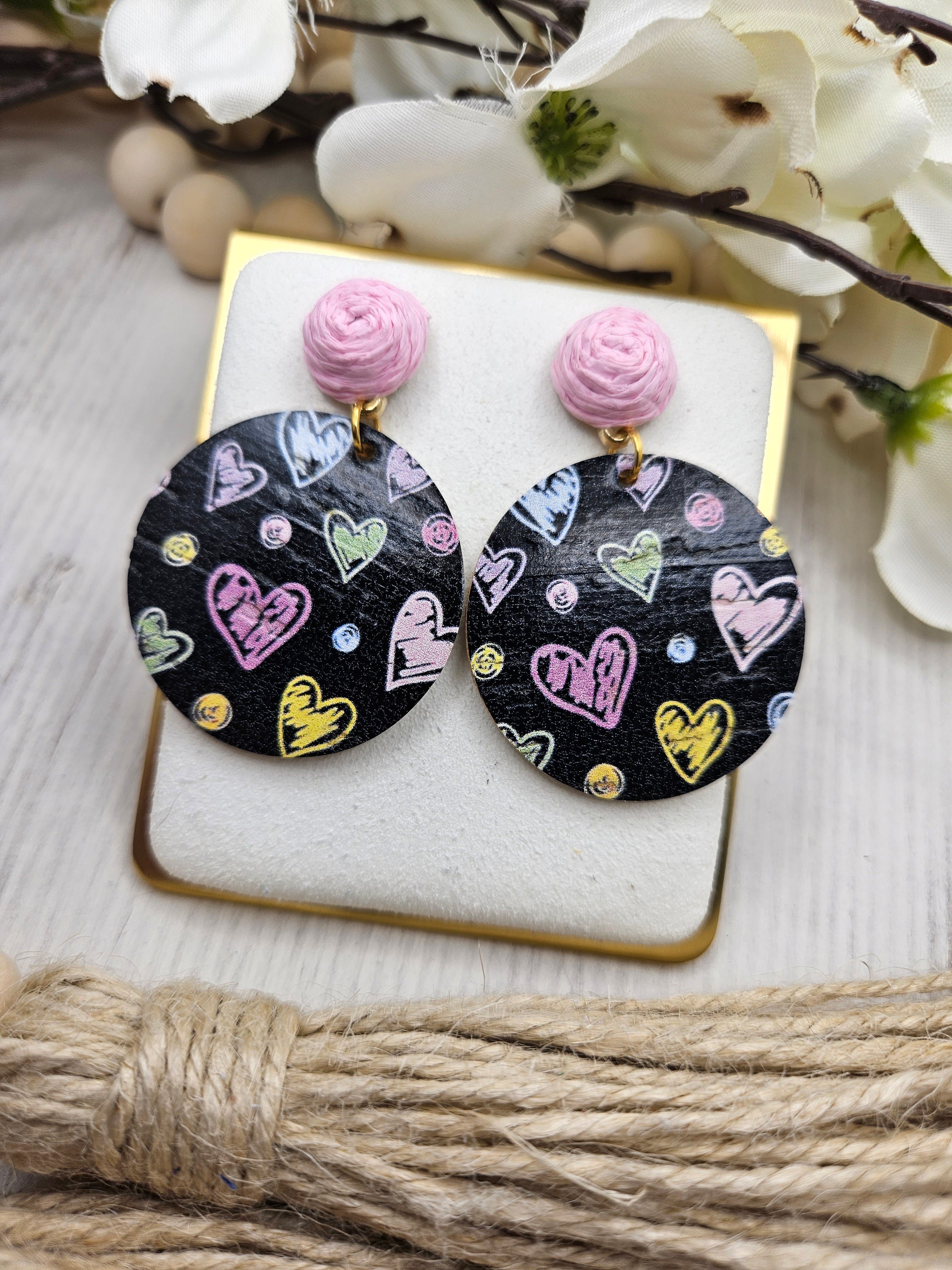 Black Heart Cork Earrings Backed with Genuine Leather with Pink Raffia Rose Studs - Thumbnail 3