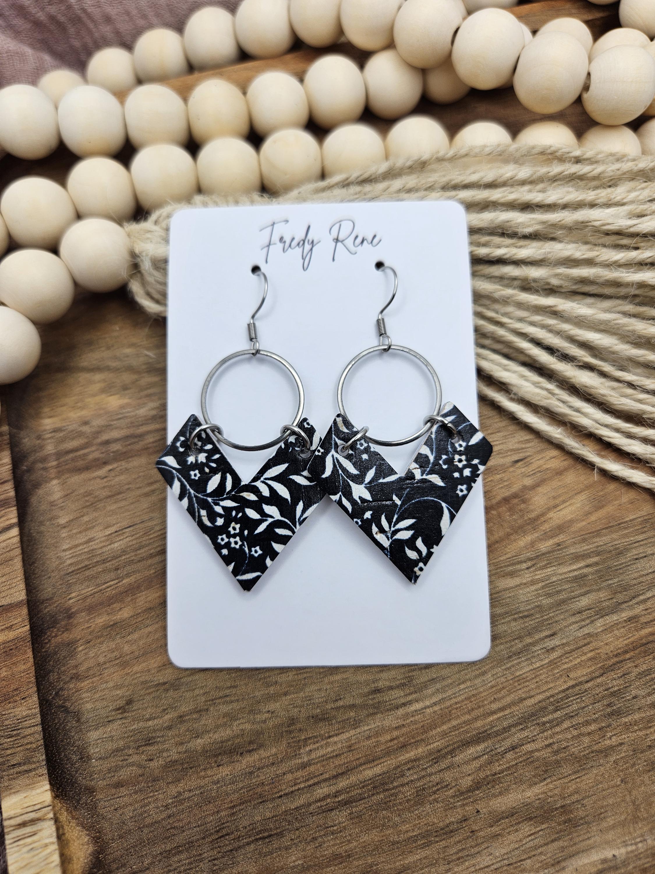 Cork Earrings, Genuine Leather Backing, Black and White Floral - Thumbnail 4