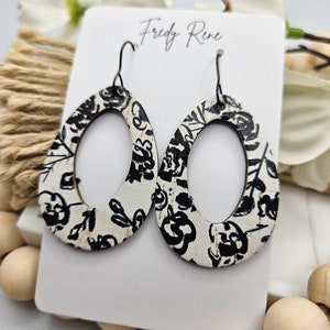 Floral Cork Earrings: Black Print, Genuine Leather Back
