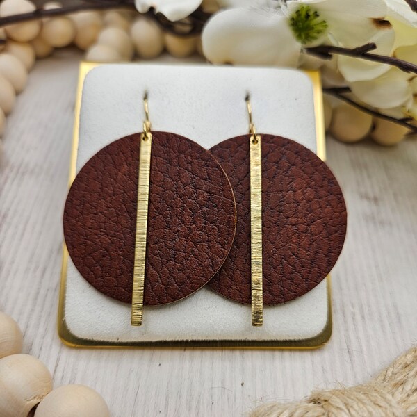 Brown Pebbled Leather Earrings with Gold Brass Bars