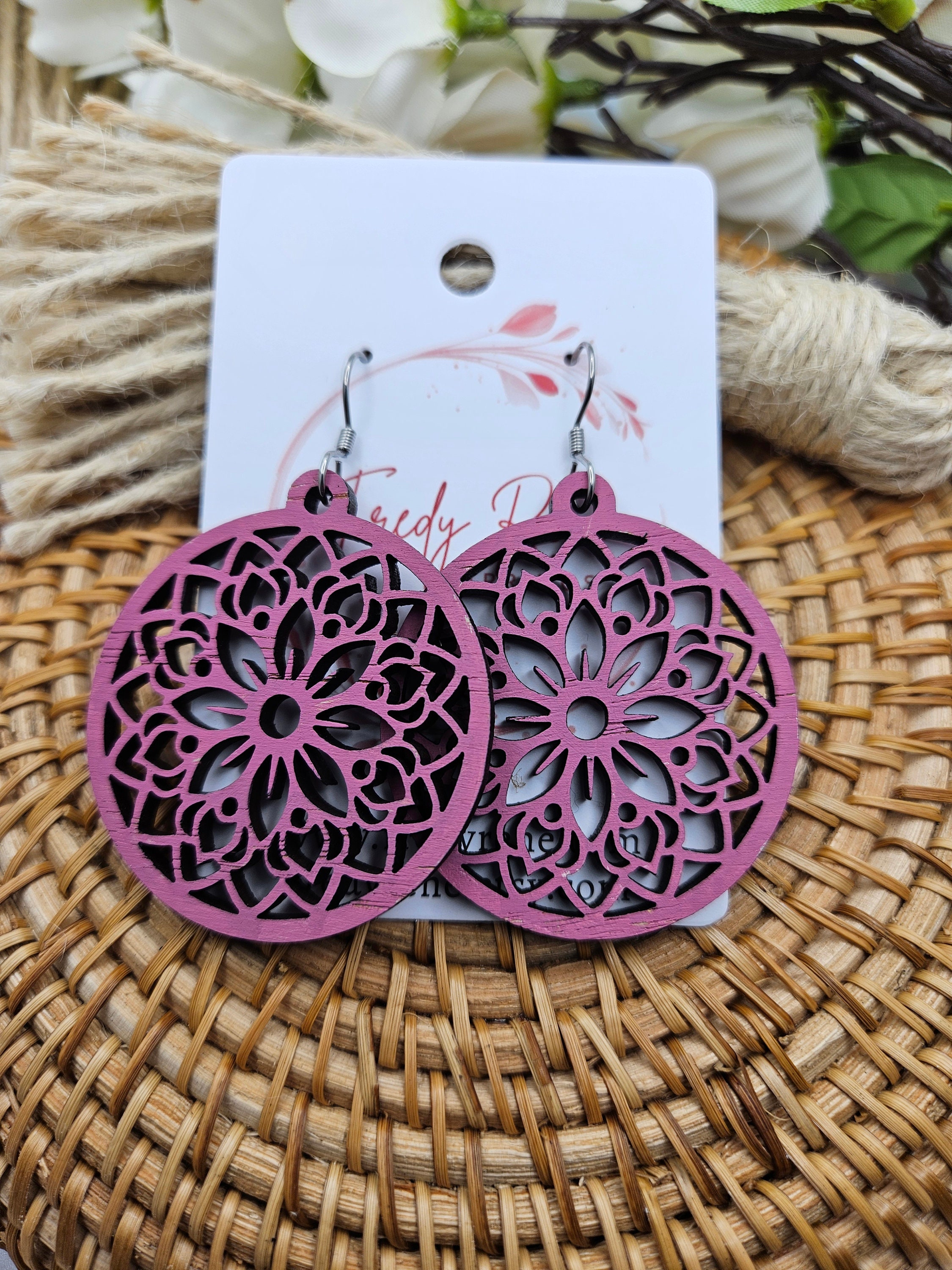 Handpainted Wooden Floral Earrings - Lightweight Statement Jewelry for Everyday Wear - Thumbnail 5