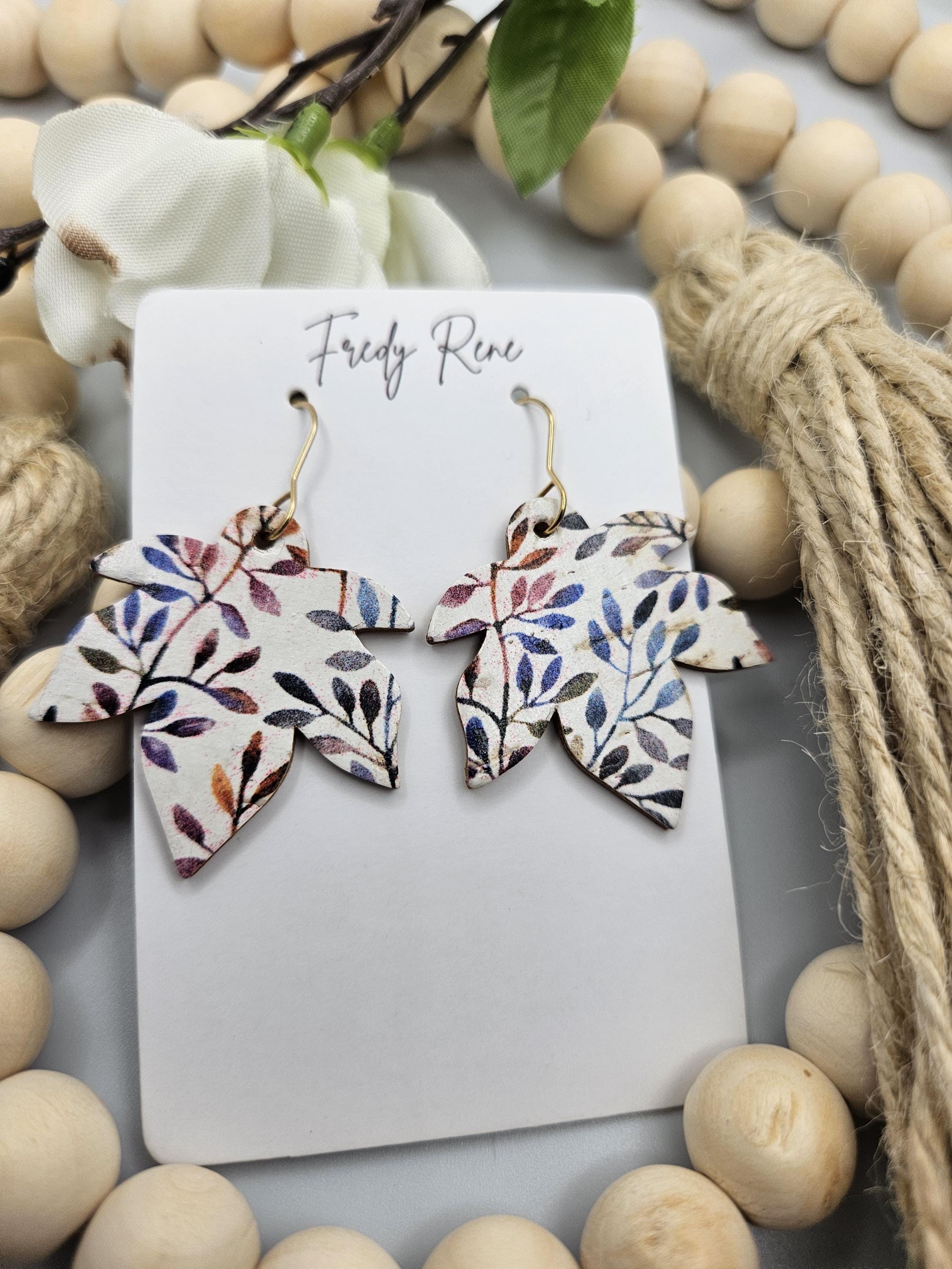 Fall Leaf Shaped Cork Earrings Backed with Genuine Leather - Thumbnail 4