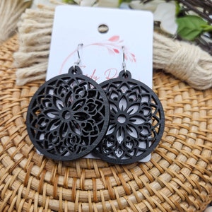 Handmade Black Wood Floral Earrings: Boho Dangle Jewelry