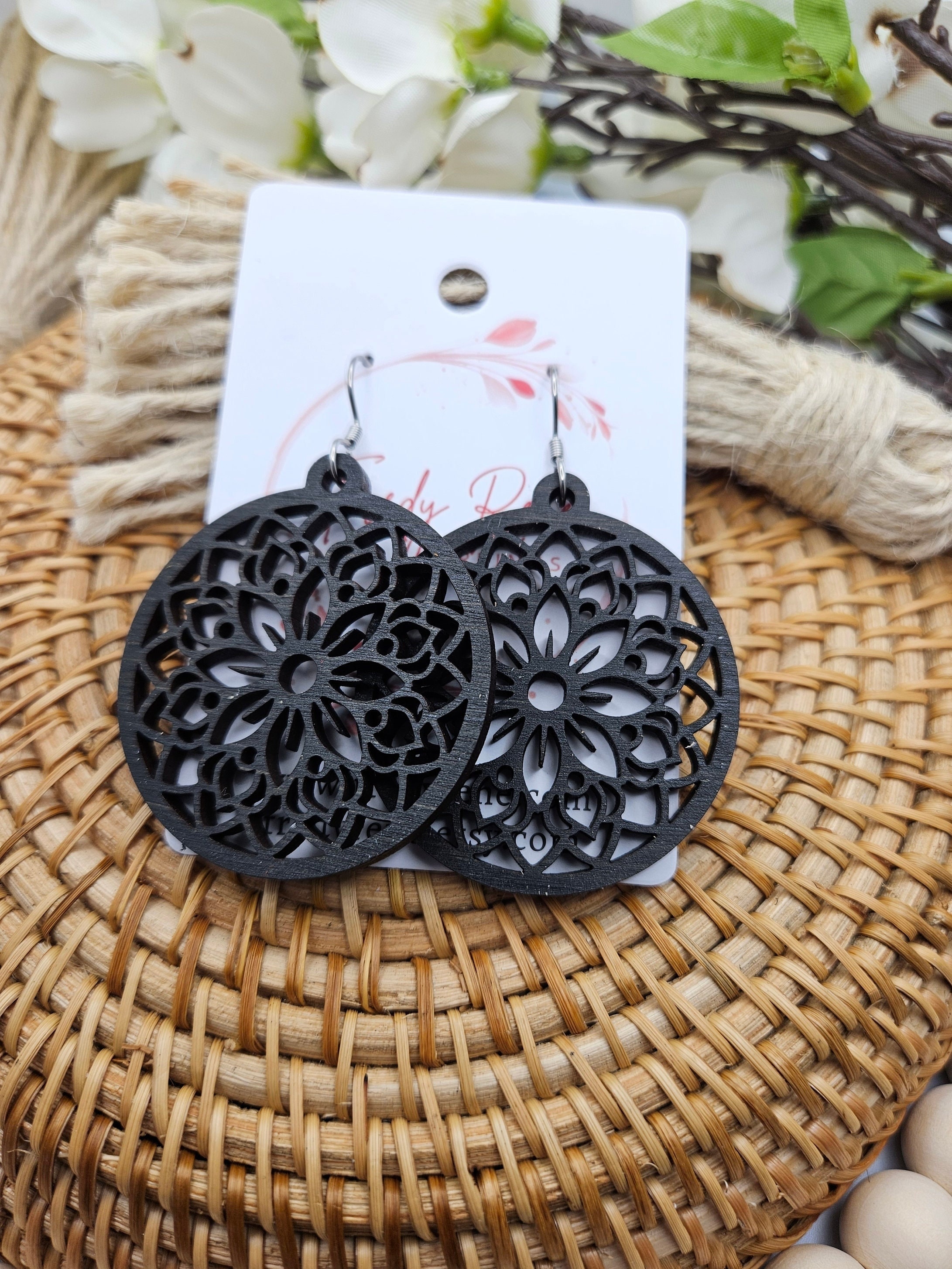 Handmade Black Wood Floral Earrings: Boho Dangle Jewelry
