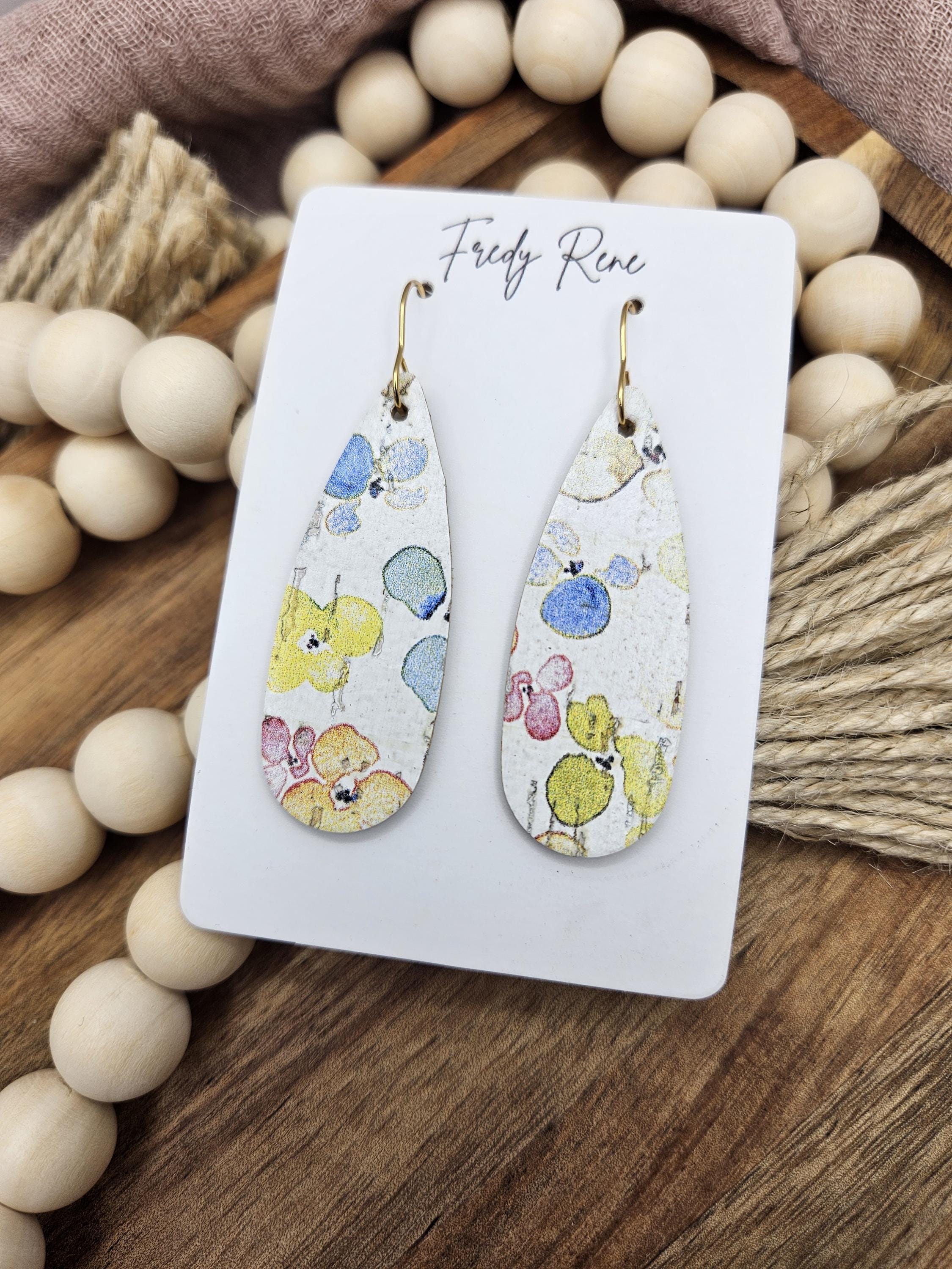 Handcrafted Narrow Watercolor Floral Cork Teardrop Earrings with Genuine Leather Backing - Thumbnail 5