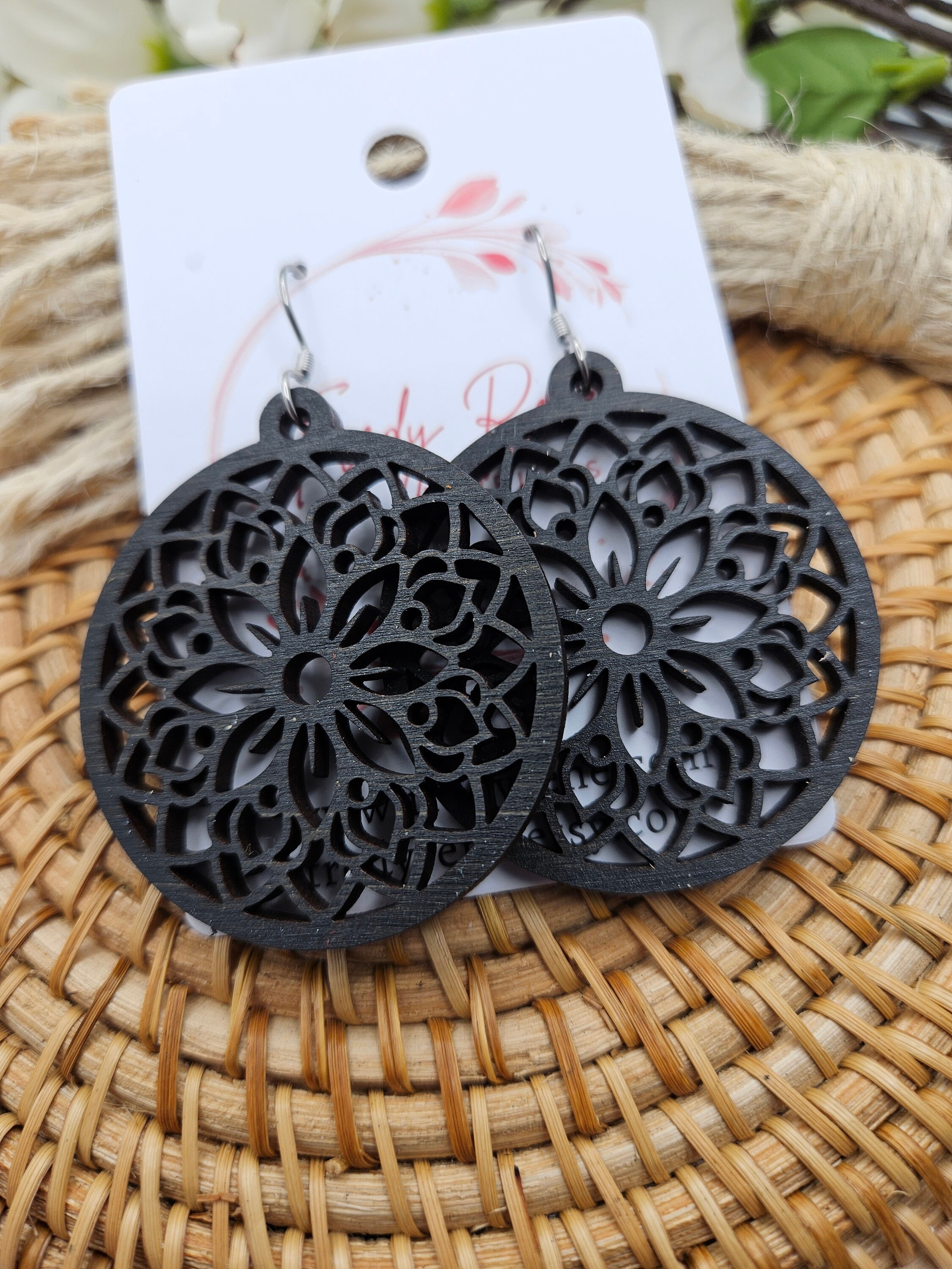 Handmade Lightweight Wooden Floral Earrings - Trendy Boho Jewelry with Stainless Steel Hooks - Black Wood Dangle Earrings - Thumbnail 2