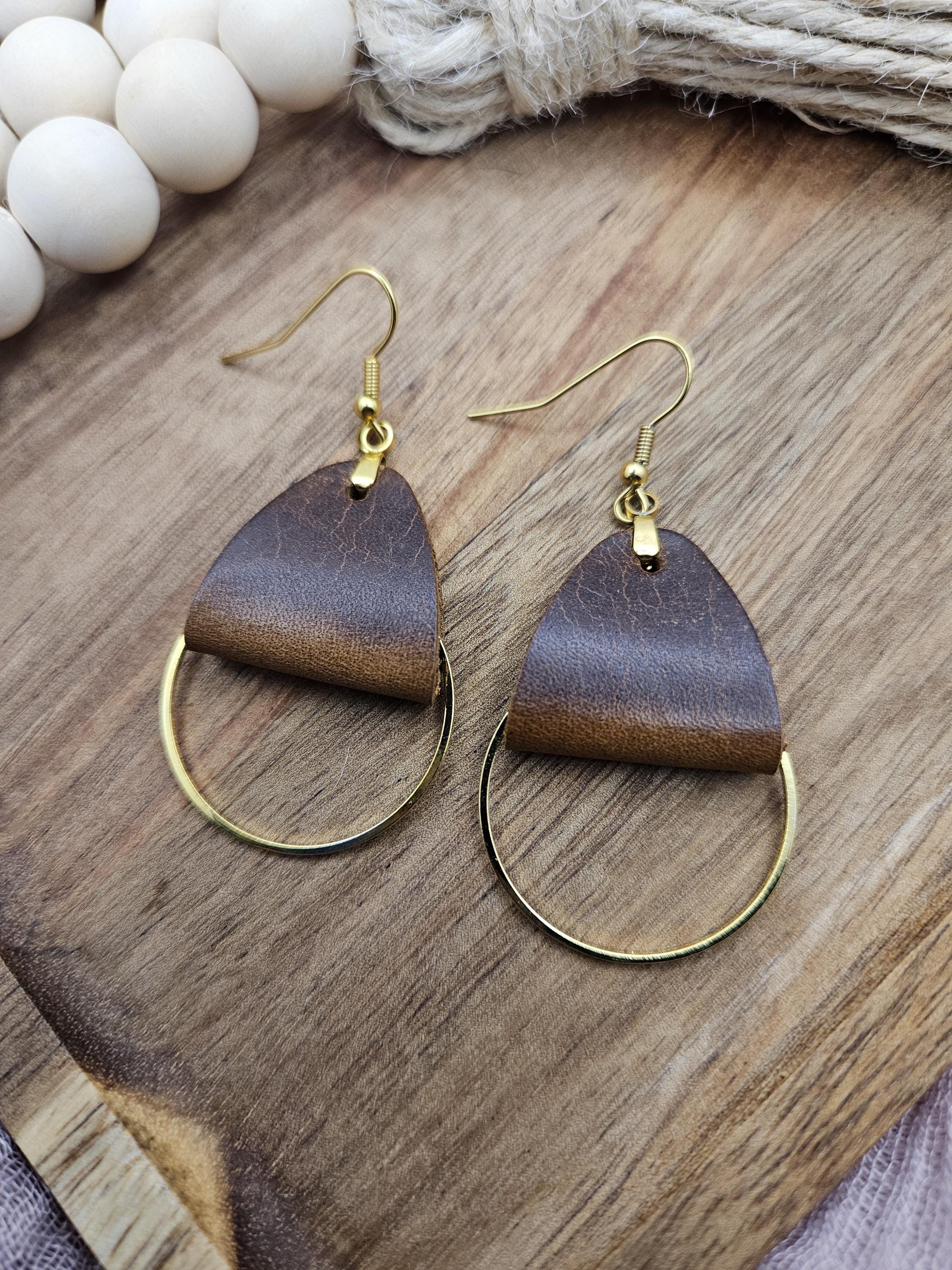 Brown leather dangle earrings, Gold metal circle accent, Light handmade genuine leather, Birthday gift for women, Rustic Boho drop earrings - Thumbnail 6