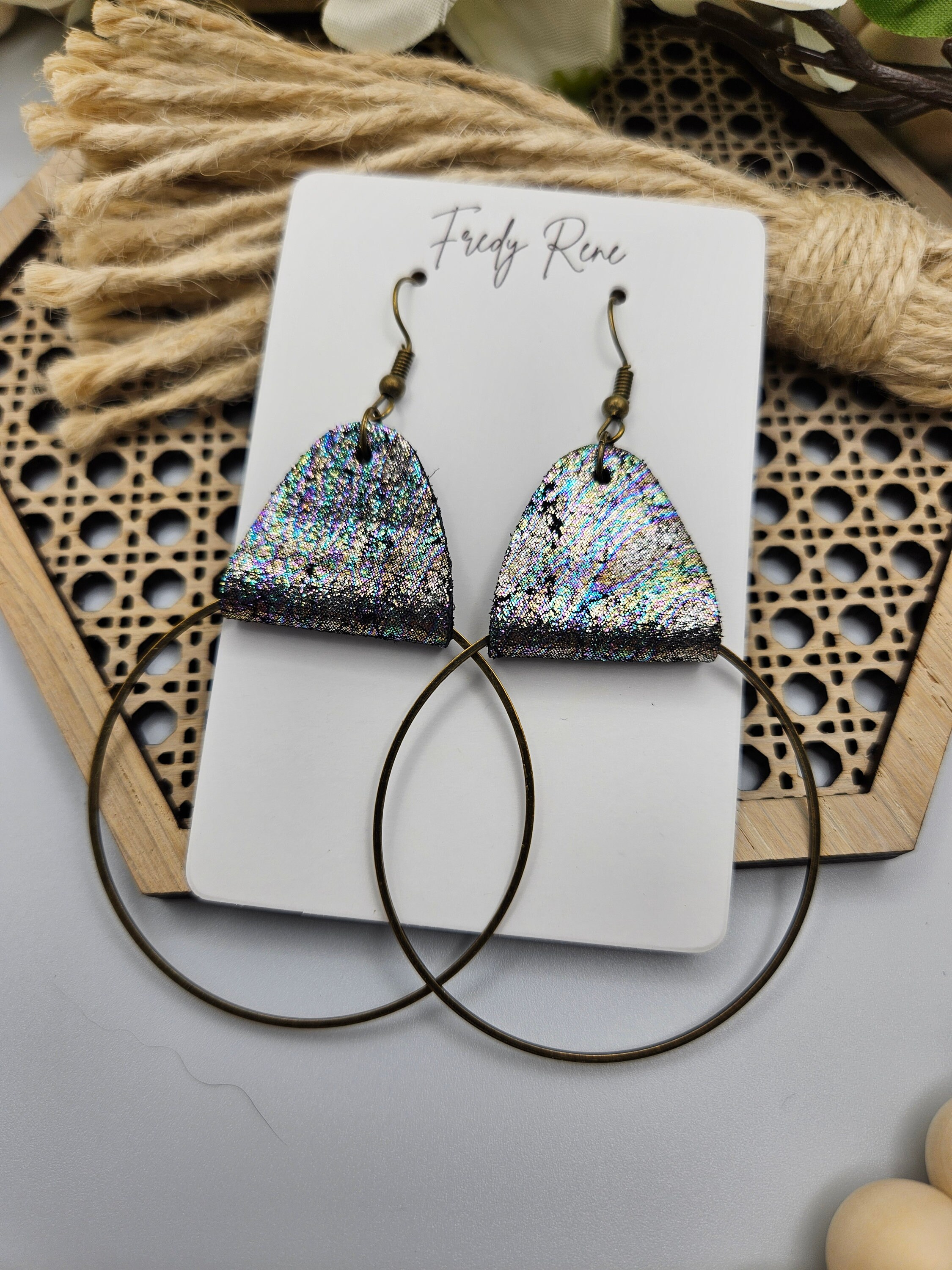Iridescent Leather Earrings with Metal Hoops- Handmade Lightweight Trendy Jewelry- Unique Everyday Wear - Thumbnail 5