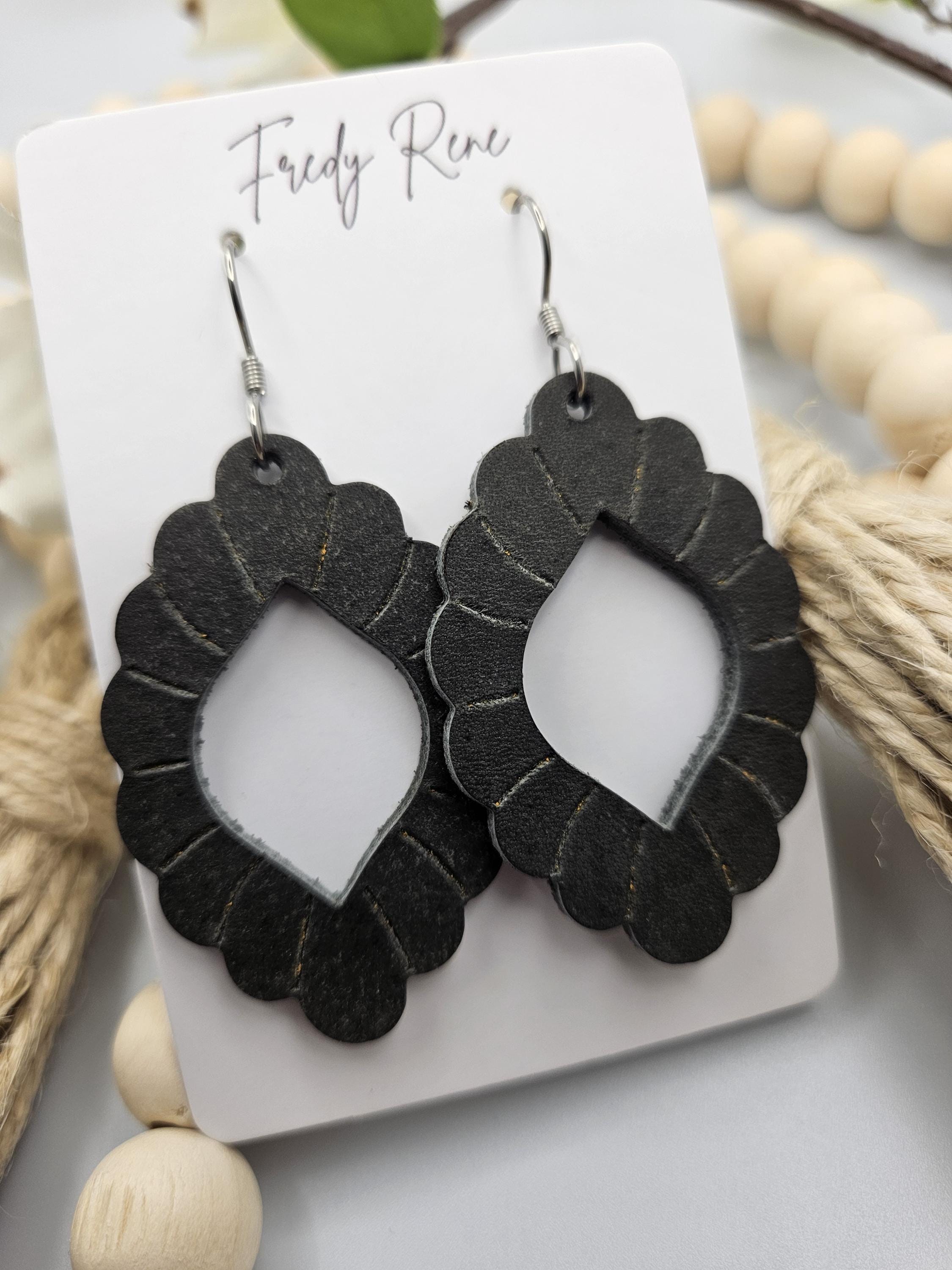 Embossed Grey Genuine Leather Earrings