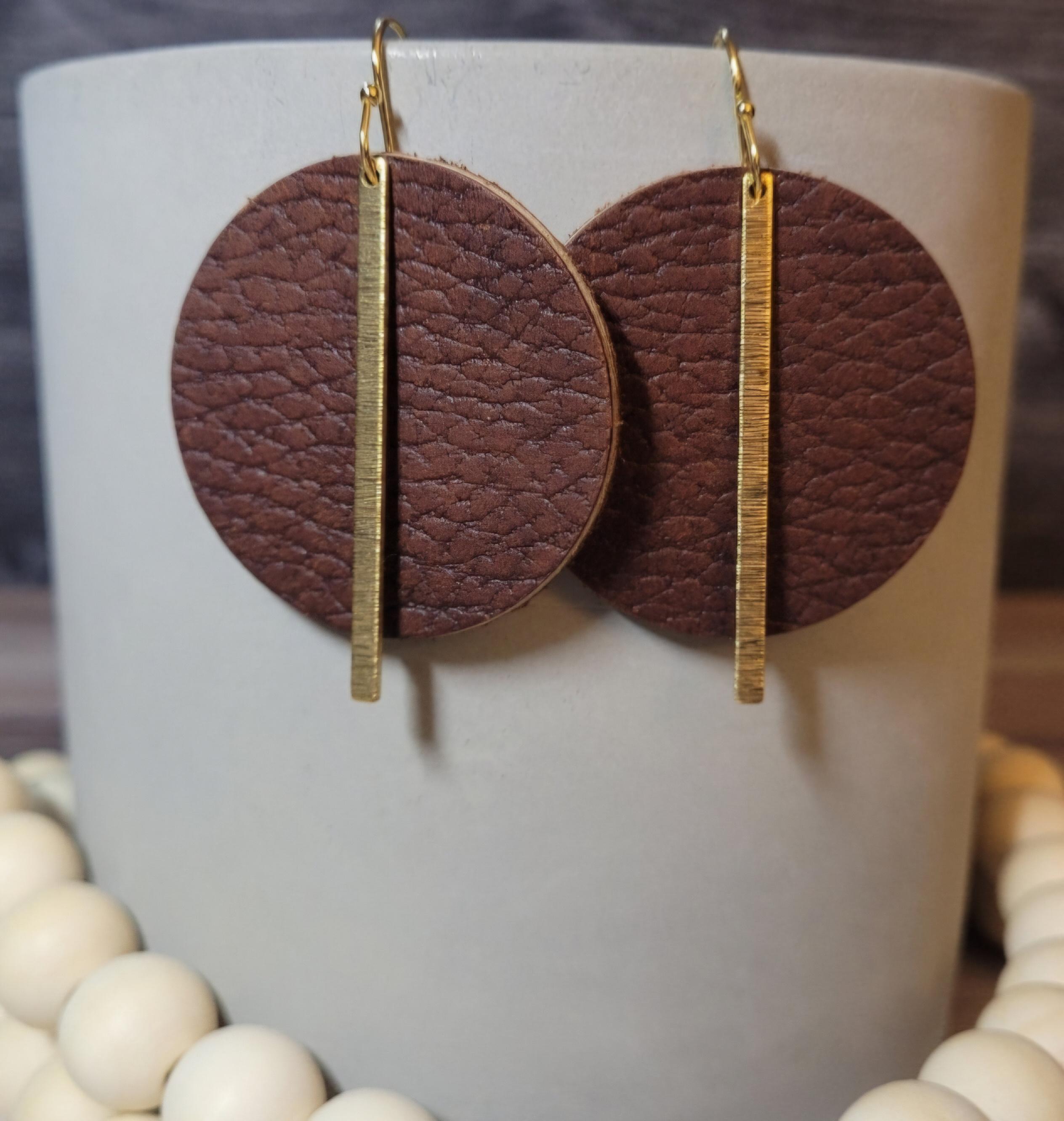 Handmade Brown Genuine Leather Earrings with Gold Brass Bar Accents - Thumbnail 2