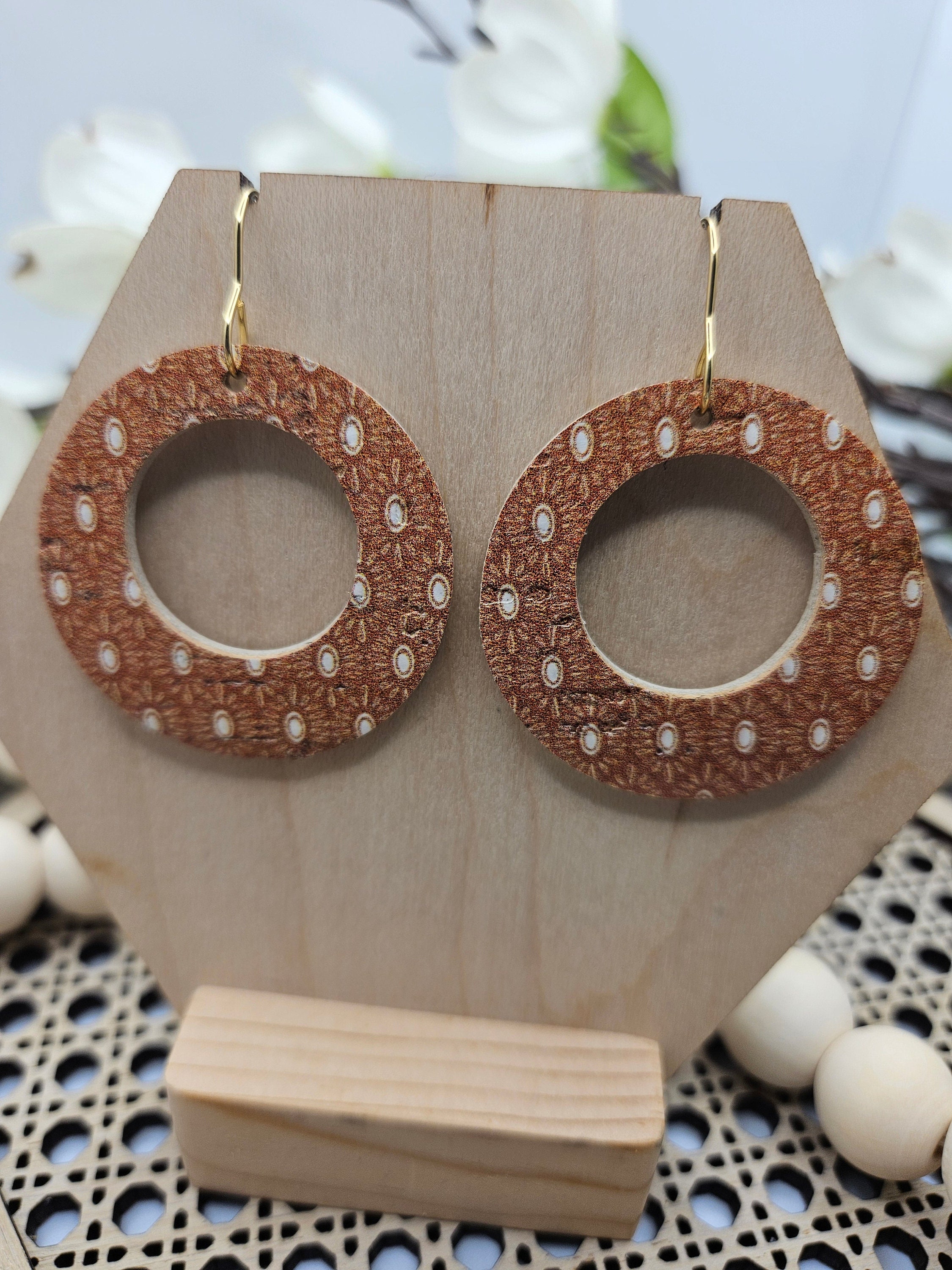 Handmade Mustard Boho Cork Earrings with Genuine Leather Backing- Lightweight Accessory for Everyday Wear - Thumbnail 6