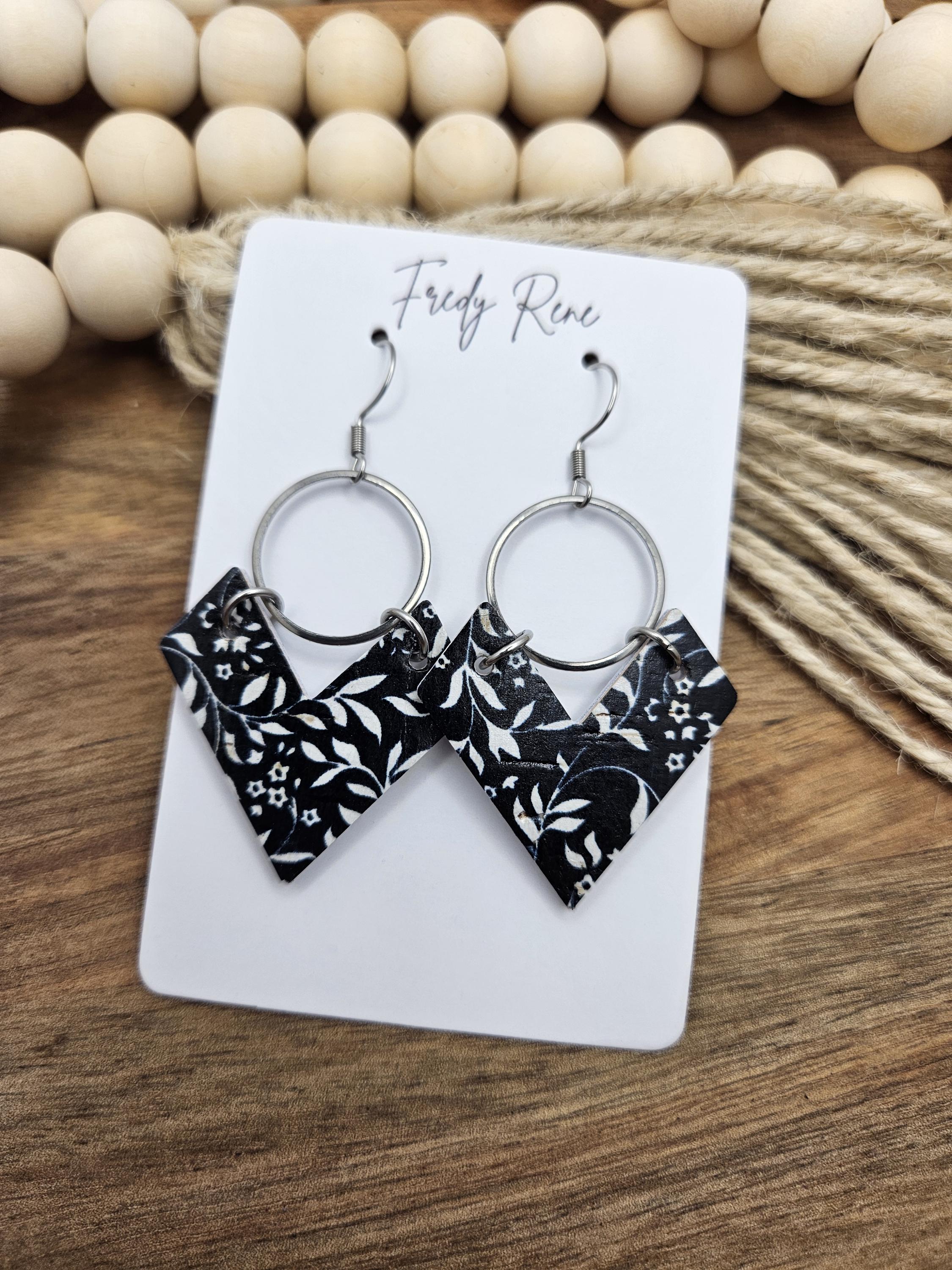 Cork Earrings, Genuine Leather Backing, Black and White Floral - Thumbnail 6