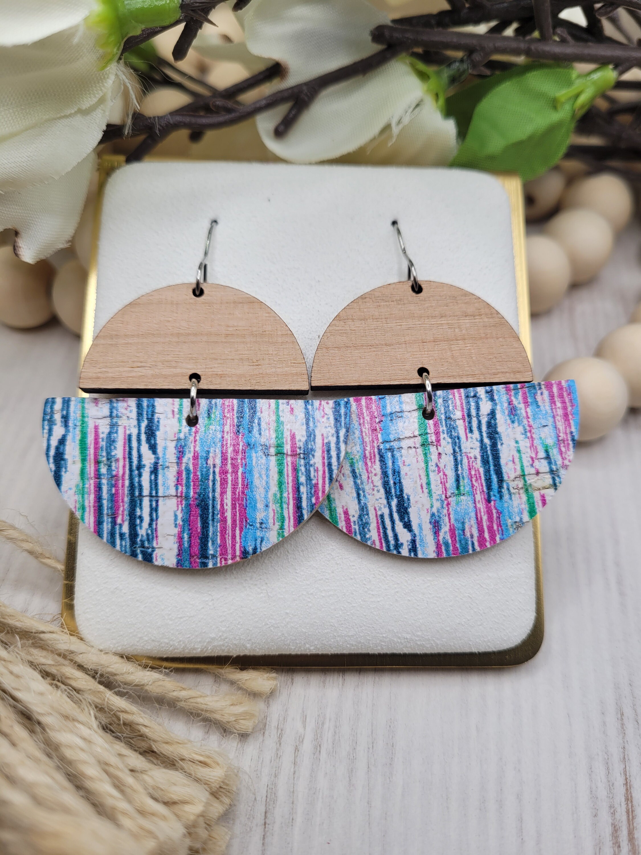 Handmade Wooden and Striped Cork backed with Leather Earrings with Light Weight Design - Thumbnail 4