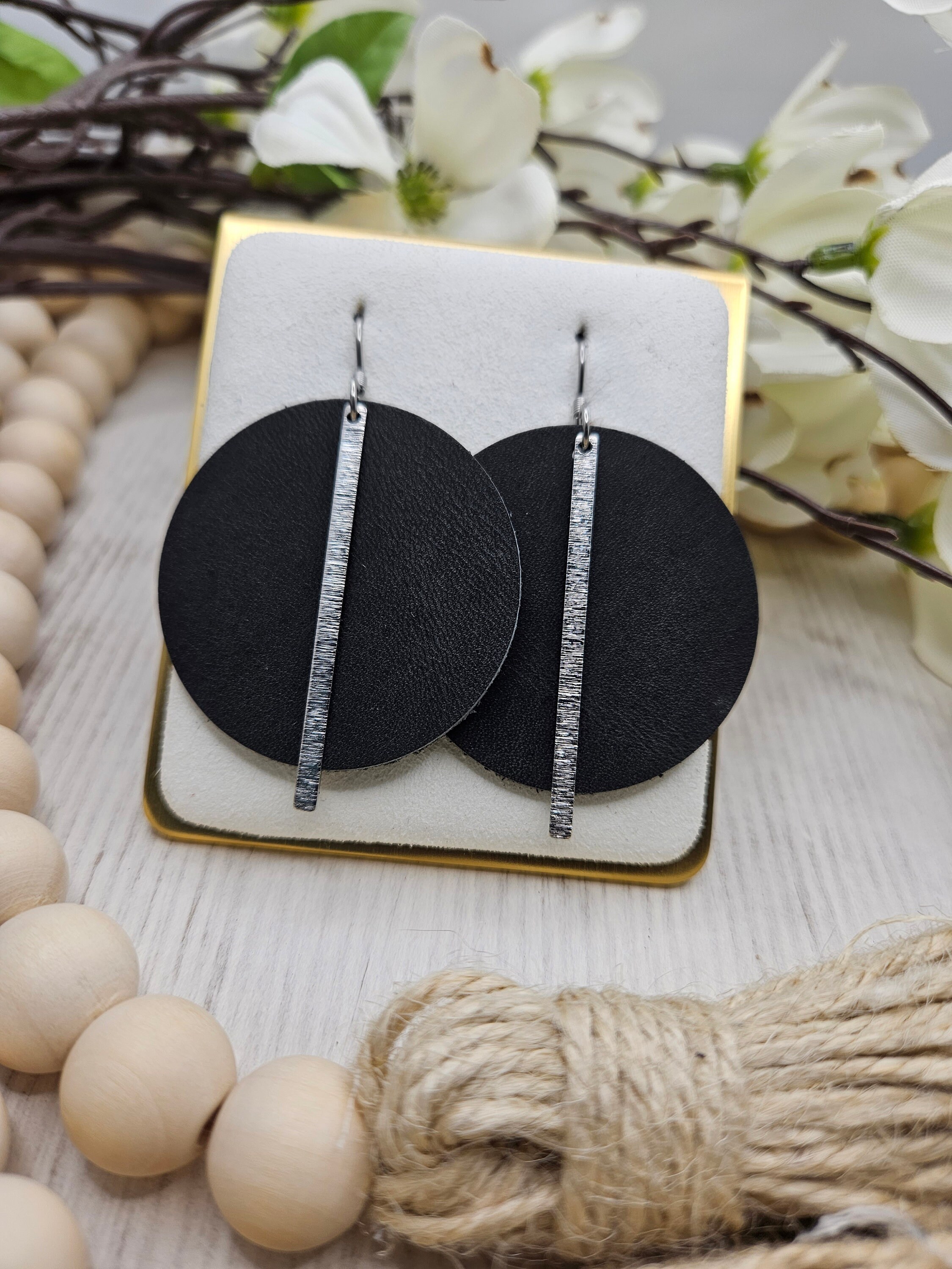 Stylish Dark Grey Leather Earrings with Silver Brass Bars - Handmade Genuine Leather Statement Earrings - Thumbnail 6
