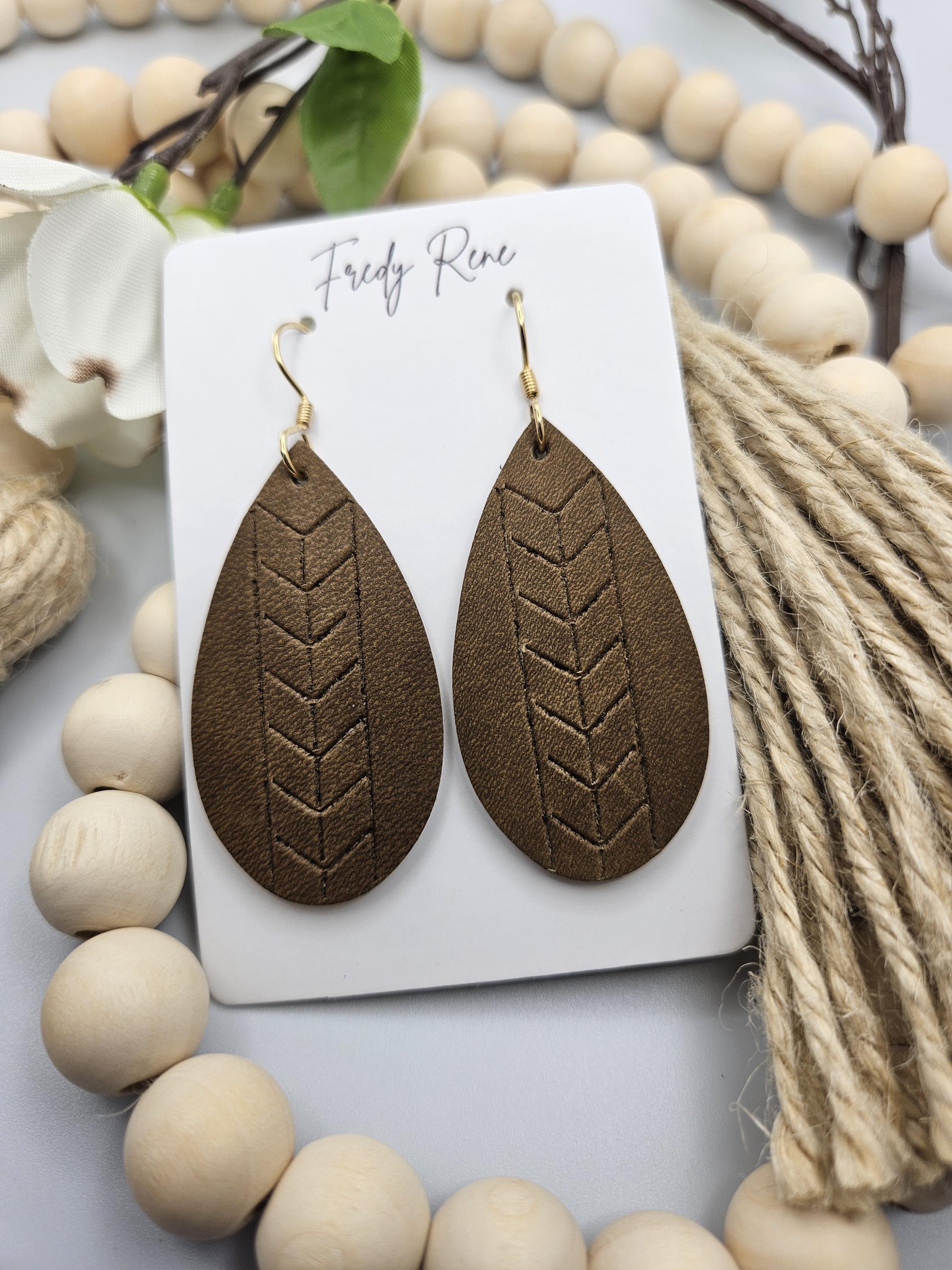 Medium Embossed Leather Teardrop Earrings- Olive Brown - Thumbnail 4