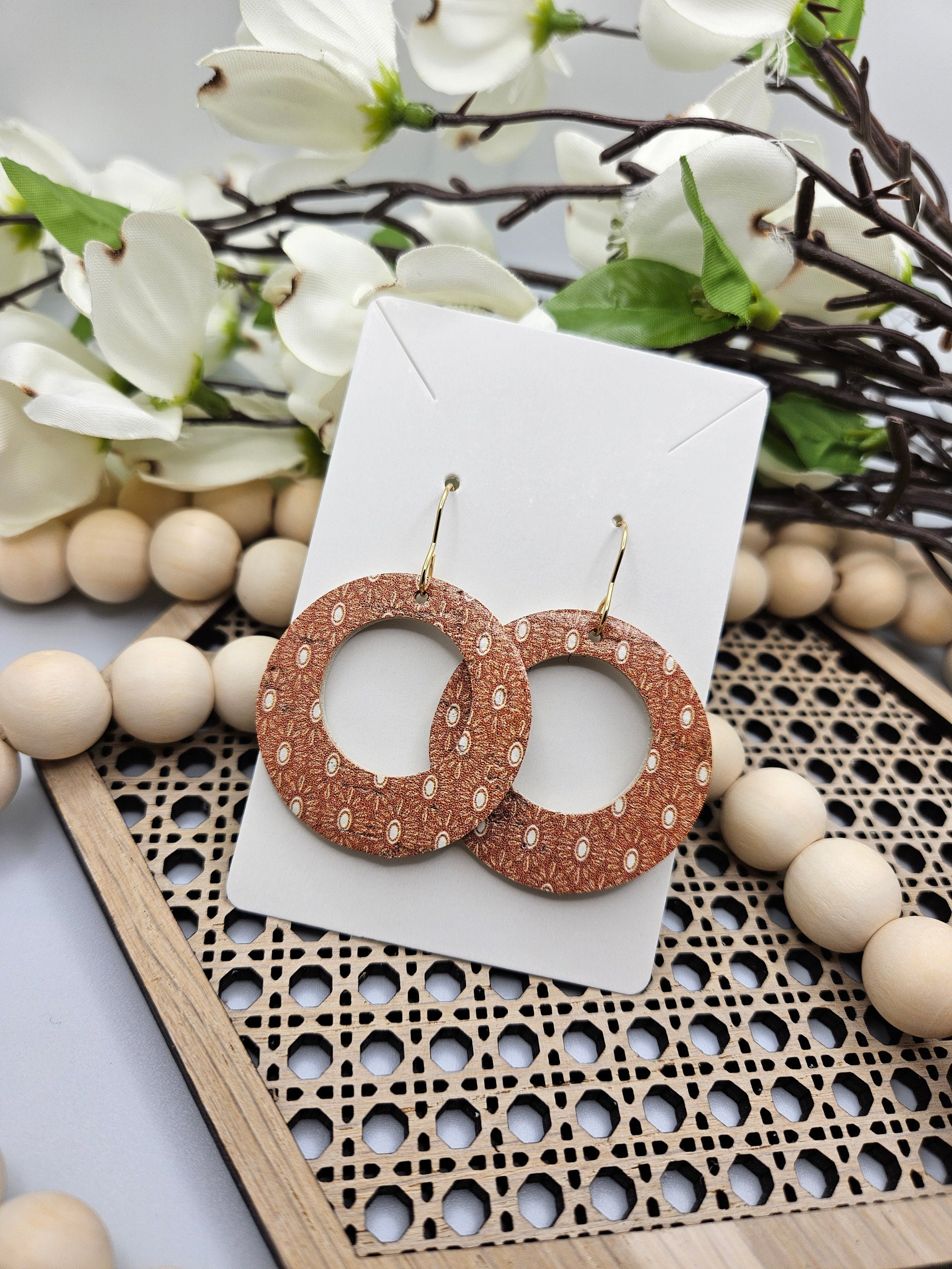 Handmade Mustard Boho Cork Earrings with Genuine Leather Backing- Lightweight Accessory for Everyday Wear - Image 1