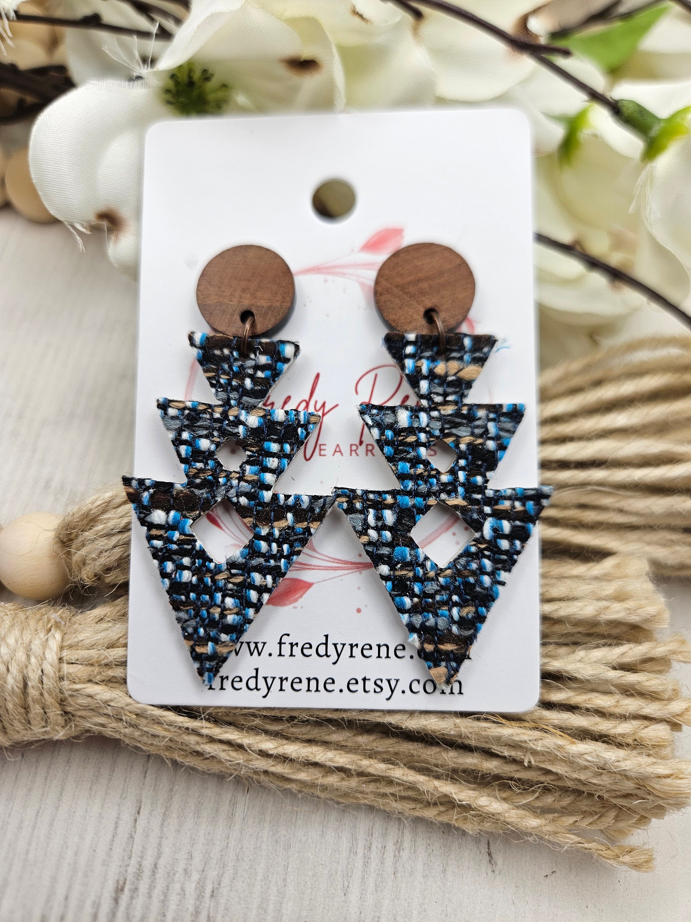 Handmade Lightweight Tweed Earrings with Genuine Leather Backing and Wooden Accent Stud - Thumbnail 7