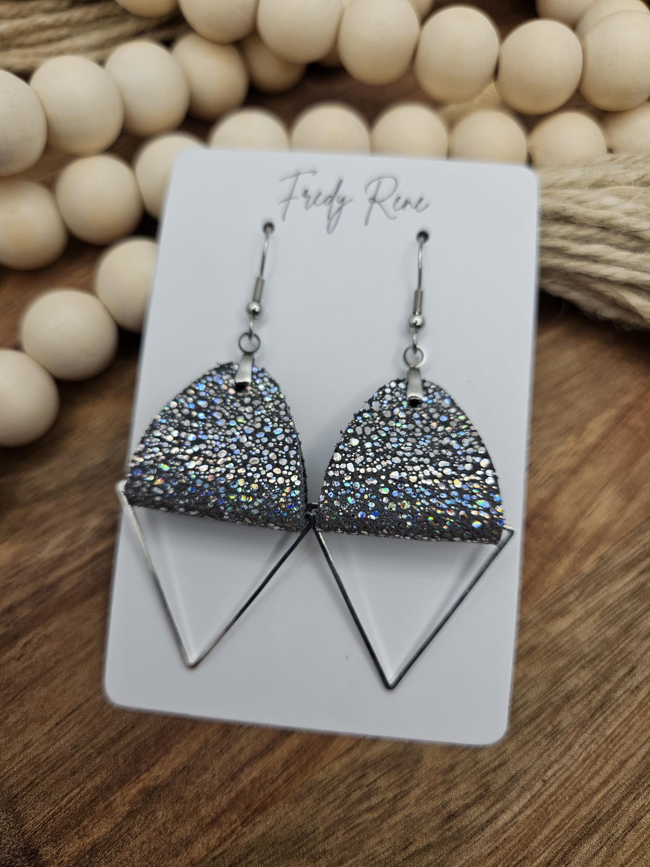 Handmade Silver Sparkle Leather Earrings with Silver Metal Triangle- Lightweight - Thumbnail 6