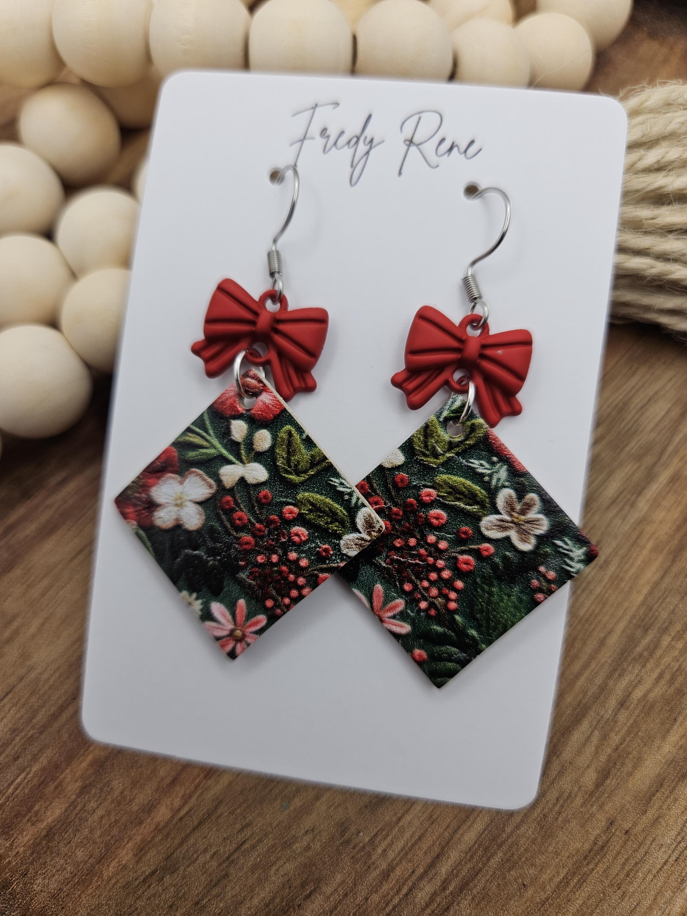 Handcrafted Red & Green Floral Cork Earrings with Genuine Leather Backing- Lightweight, Stylish, and Trendy Accessory for Holiday Wear - Thumbnail 4