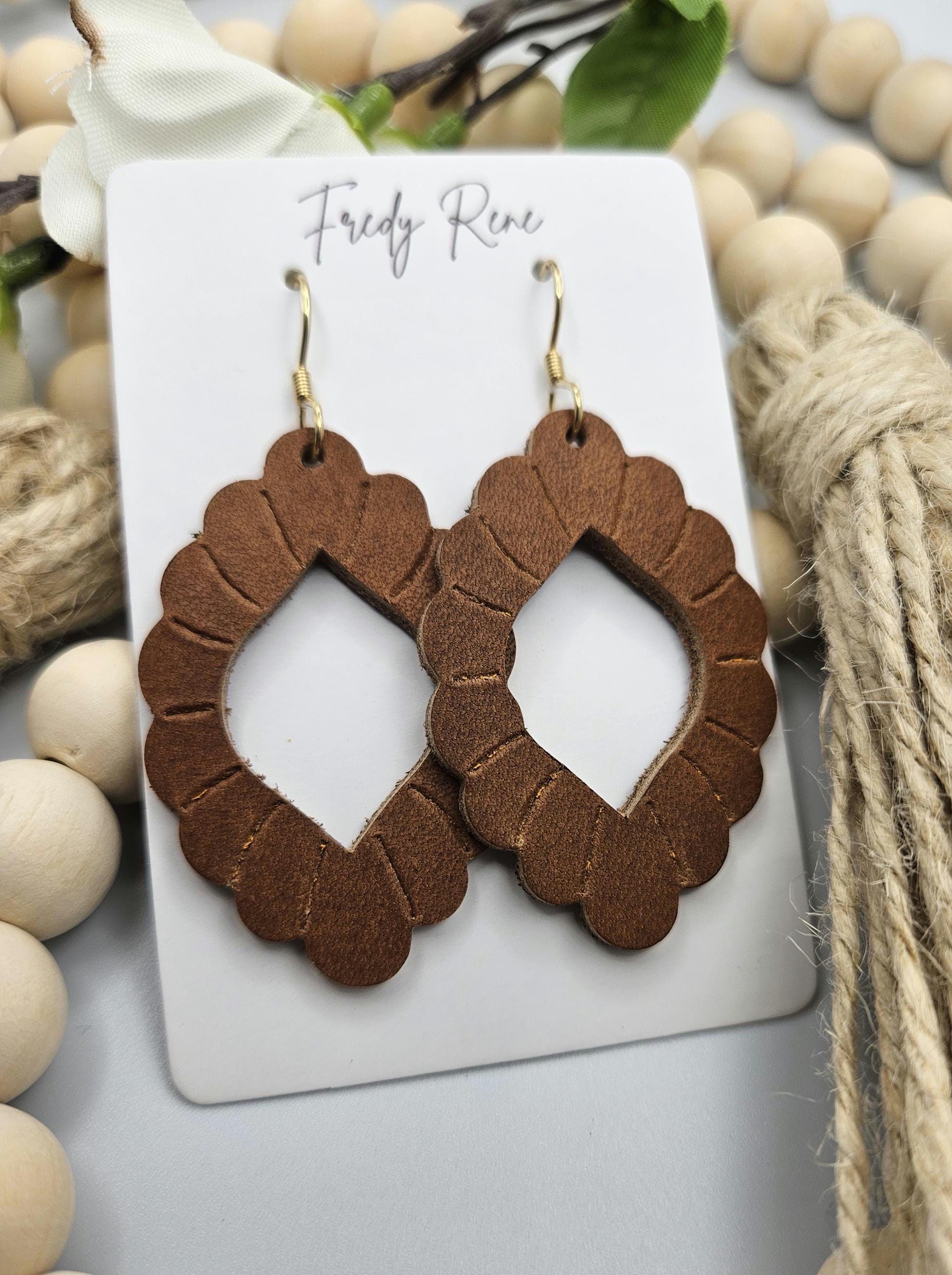 Embossed Brown Genuine Leather Earrings