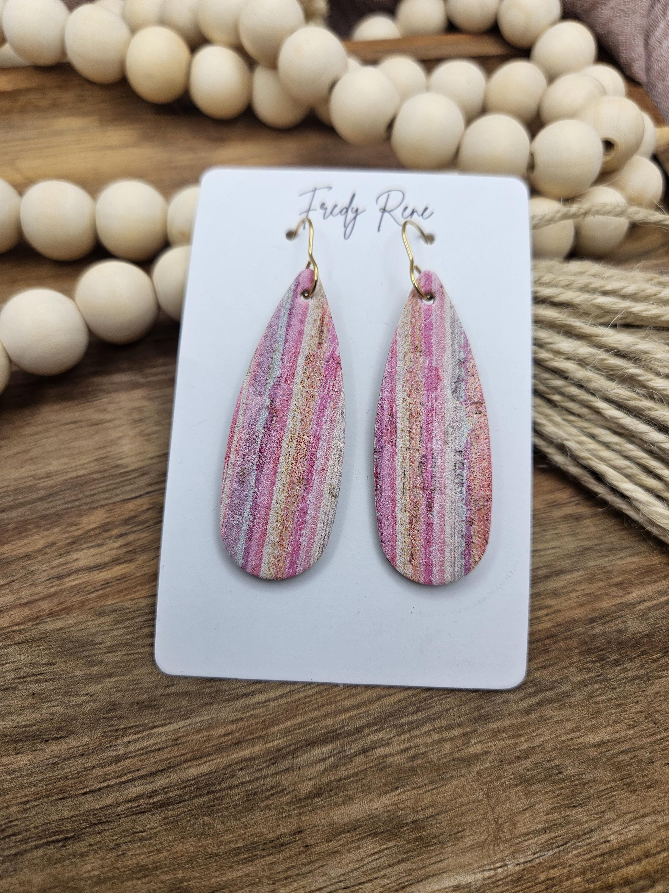 Handmade Narrow Striped Cork Teardrop Earrings with Genuine Leather Backing