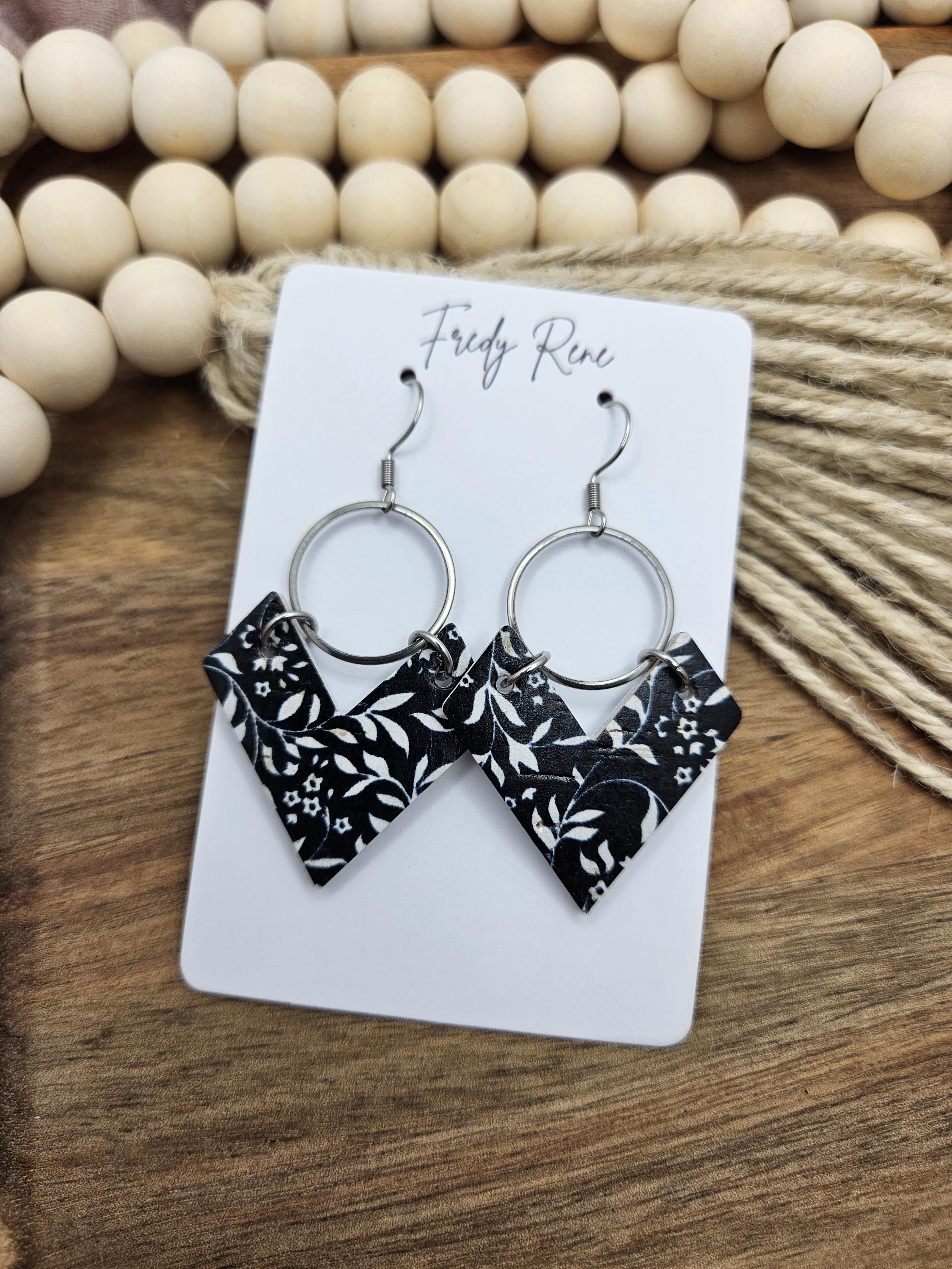 Cork Earrings, Genuine Leather Backing, Black and White Floral - Thumbnail 3