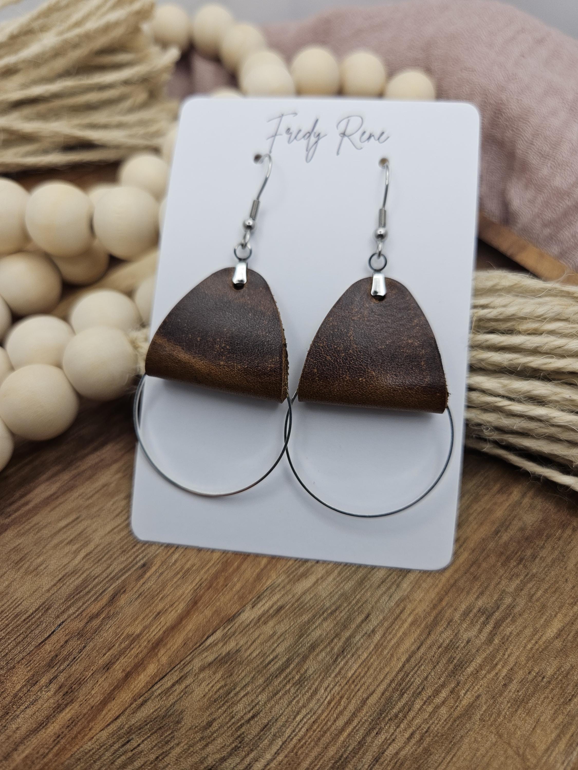 Brown leather dangle earrings, Silver metal circle accent, Light handmade genuine leather, Birthday gift for women, Rustic Boho drop earring - Thumbnail 5