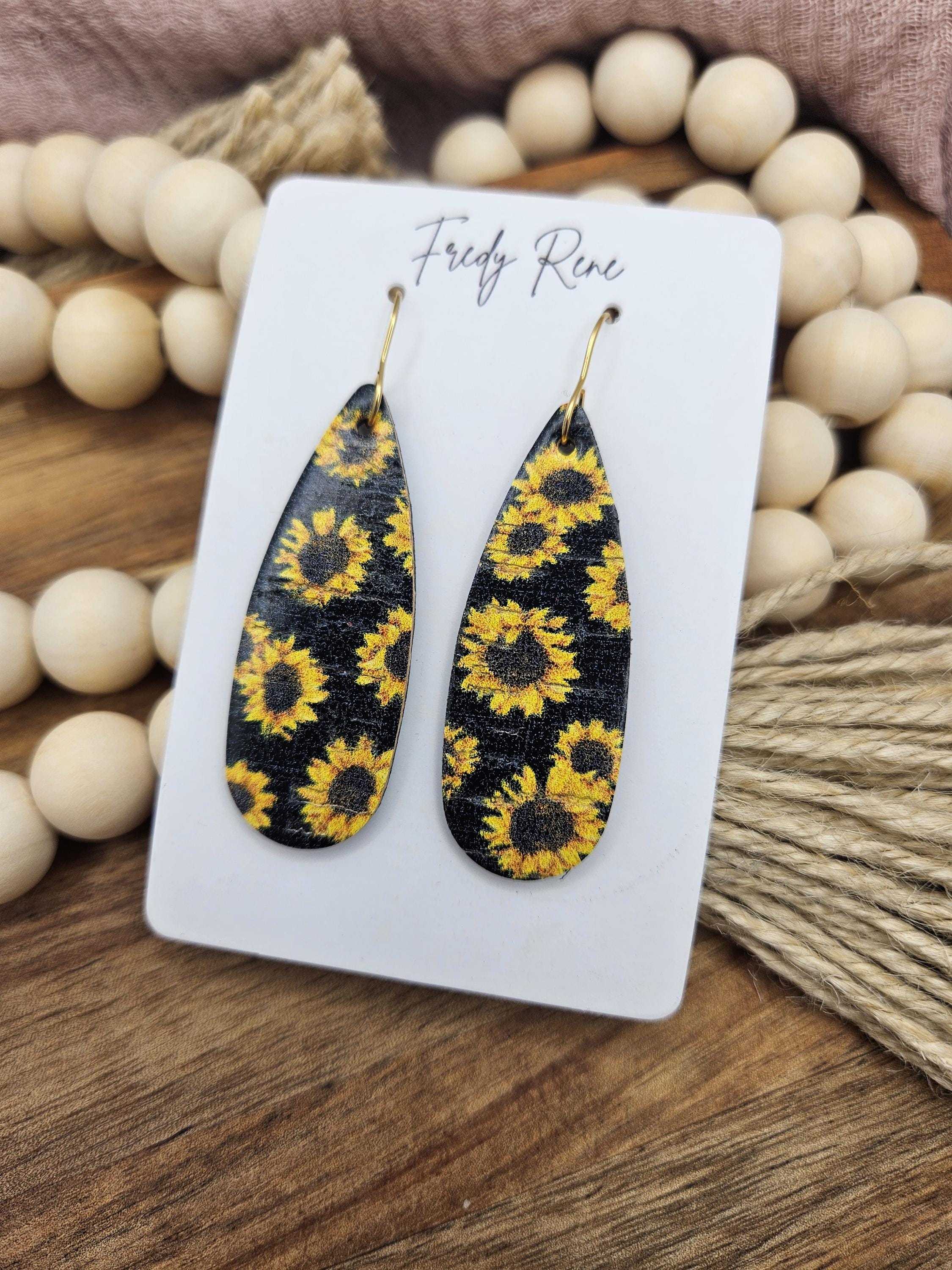 Handcrafted Narrow Sunflower Cork Teardrop Earrings with Genuine Leather Backing - Thumbnail 3