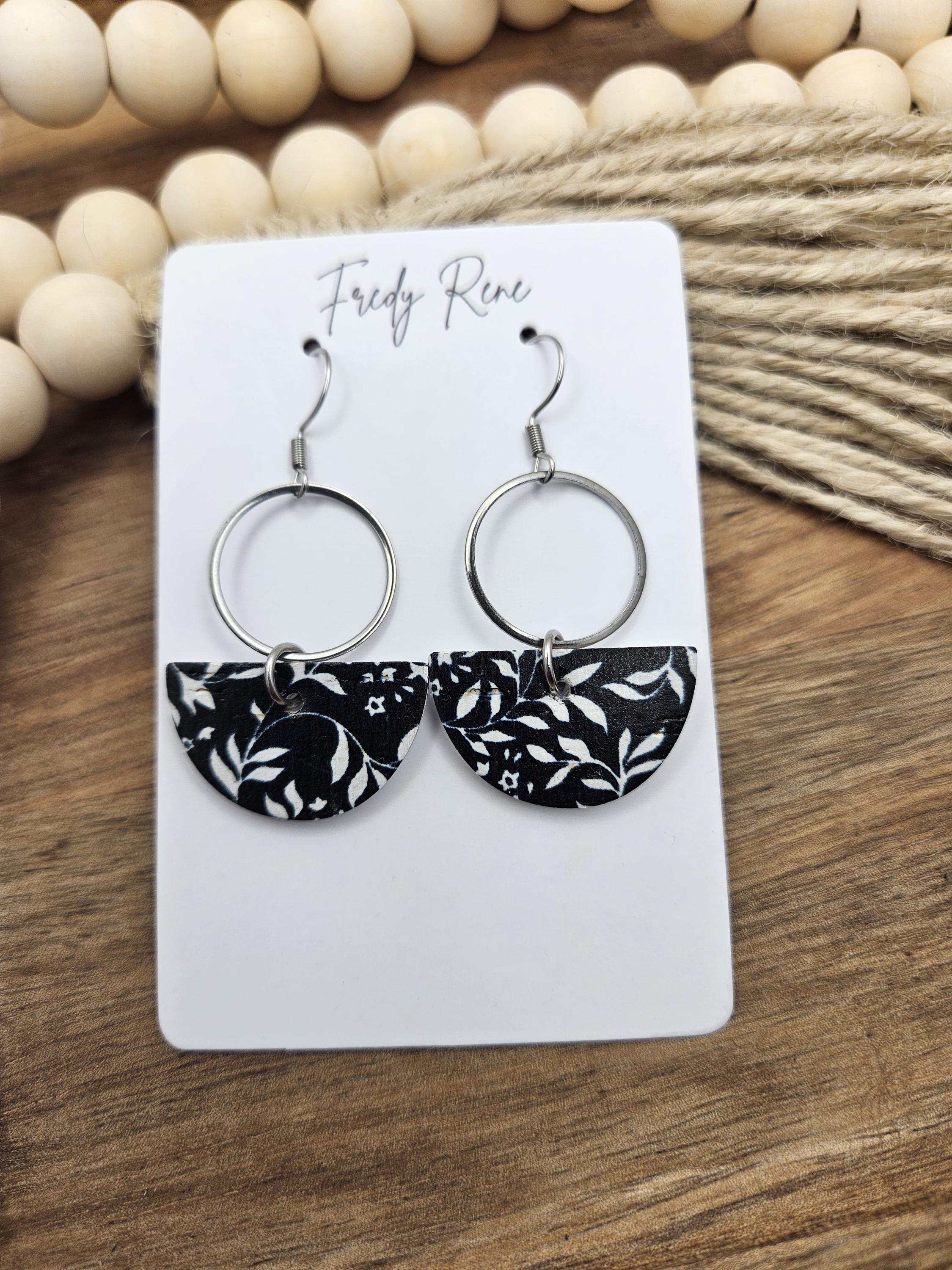 Black & White Floral Cork Earrings with Genuine Leather Backing - Thumbnail 2