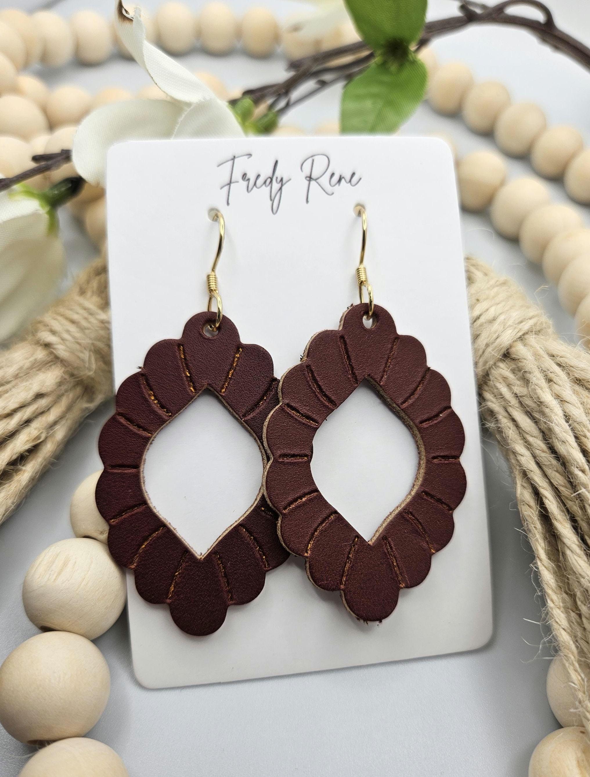 Embossed Reddish Brown Genuine Leather Earrings