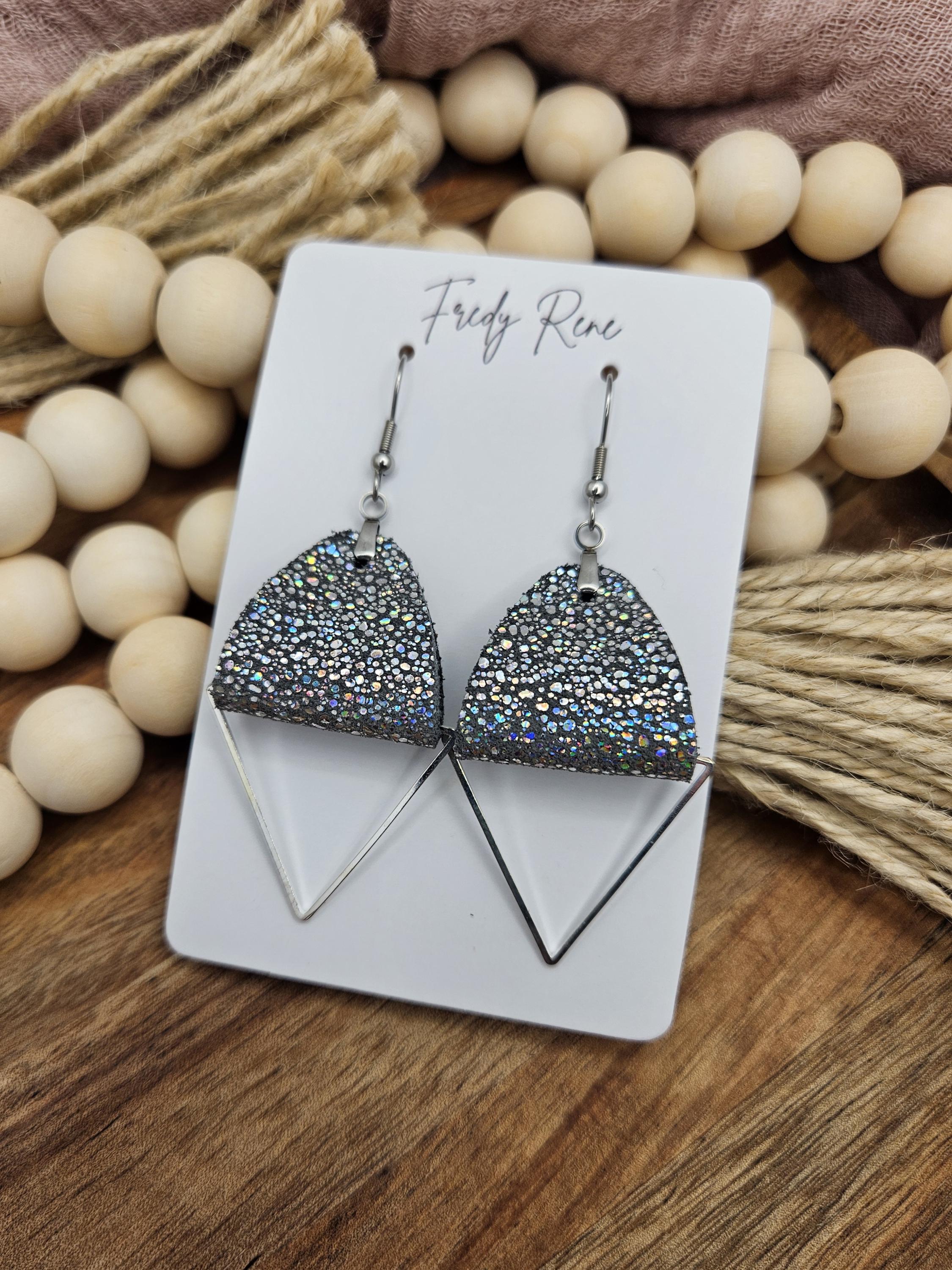 Handmade Silver Sparkle Leather Earrings with Silver Metal Triangle- Lightweight - Thumbnail 4