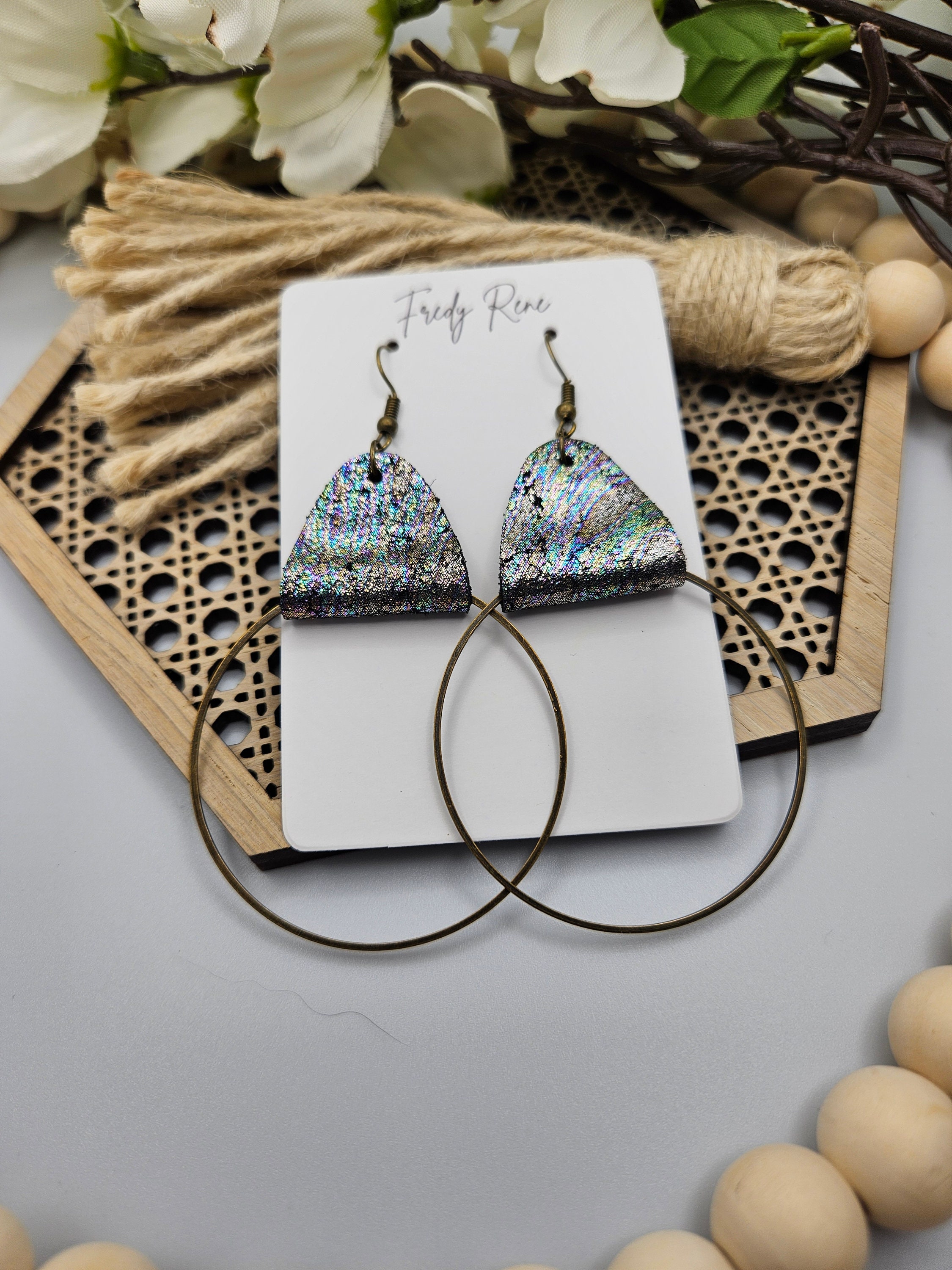 Iridescent Leather Earrings with Metal Hoops- Handmade Lightweight Trendy Jewelry- Unique Everyday Wear