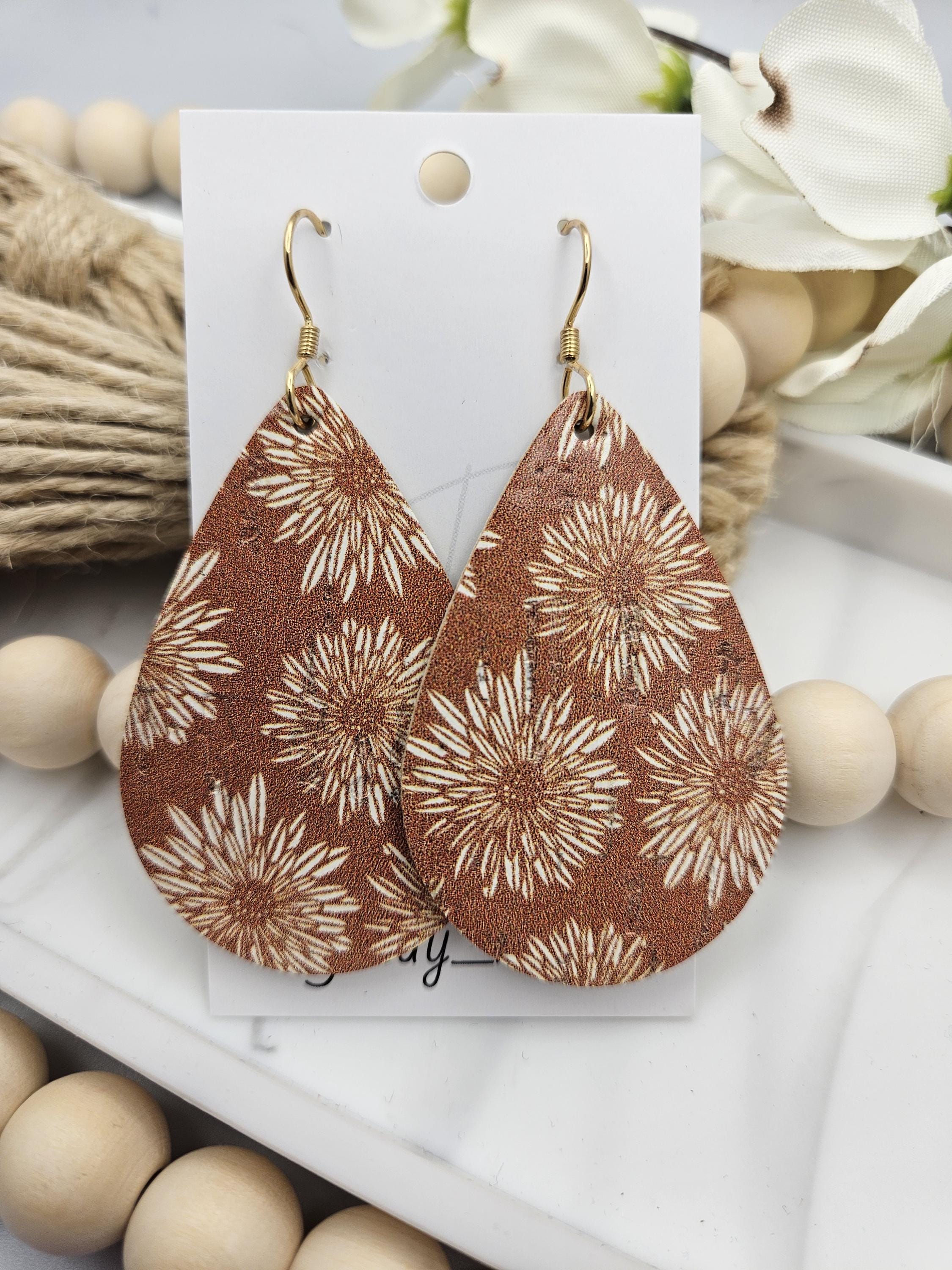 Large Handcrafted Floral Cork Teardrop Earrings with Genuine Leather Backing - Thumbnail 4