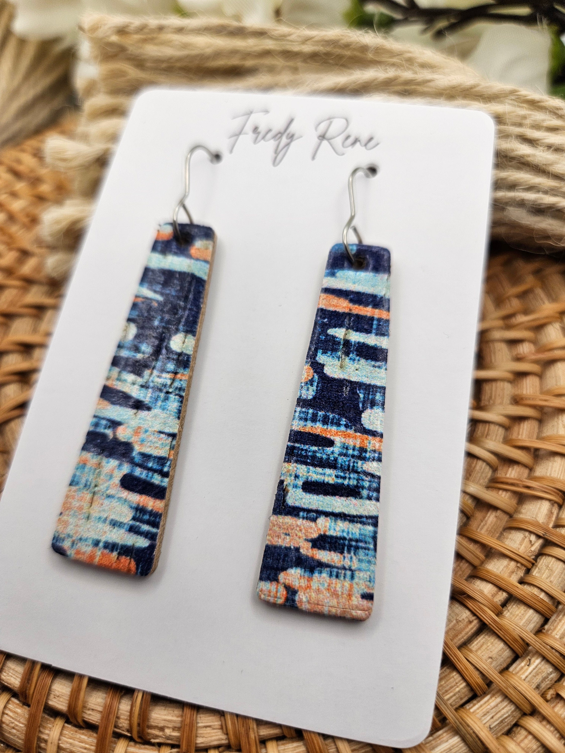 Abstract Blue Bar Cork Earrings with Genuine Leather Backing- Handmade Dangle Earrings for Everyday Wear - Thumbnail 4