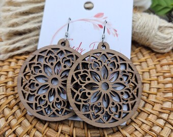 Handmade Lightweight Floral Walnut Colored Wood Earrings for Everyday Wear
