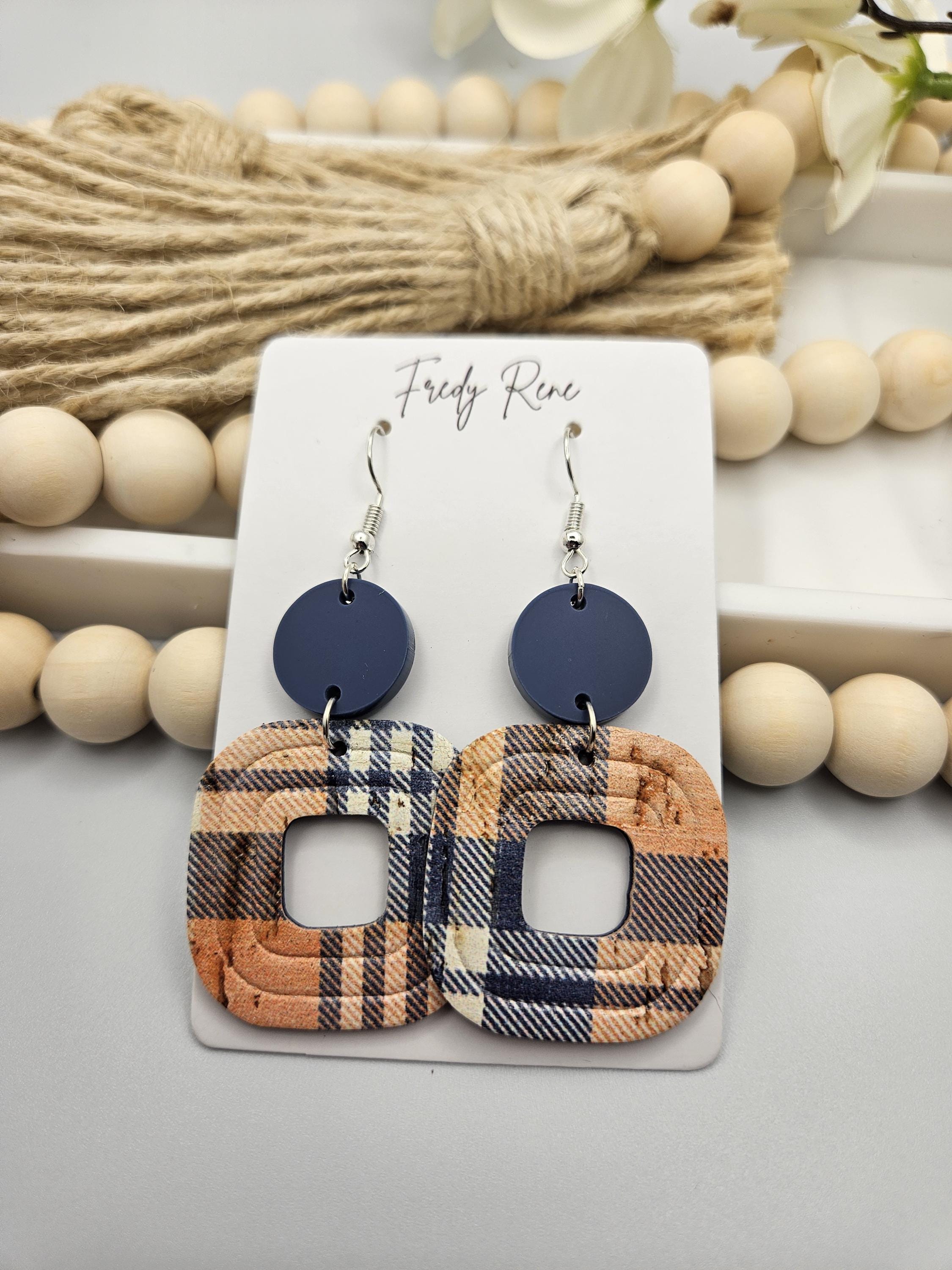 Trendy Fall Plaid Cork Earrings Backed with Genuine Leather for Everyday Wear & Statement Style - Thumbnail 4