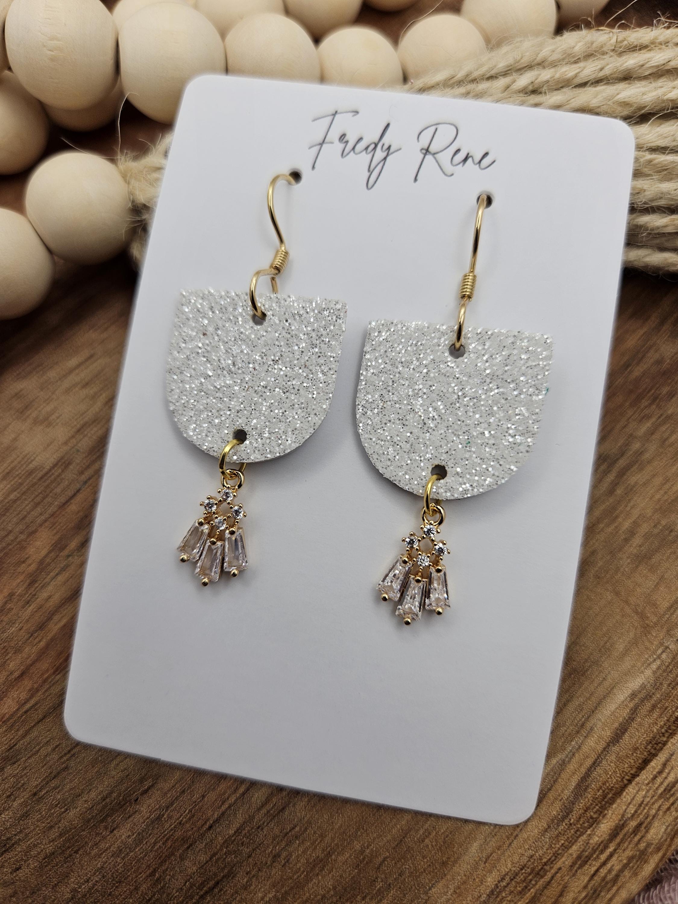 White Glitter Cork Backed with Genuine Leather Earrings - Thumbnail 5