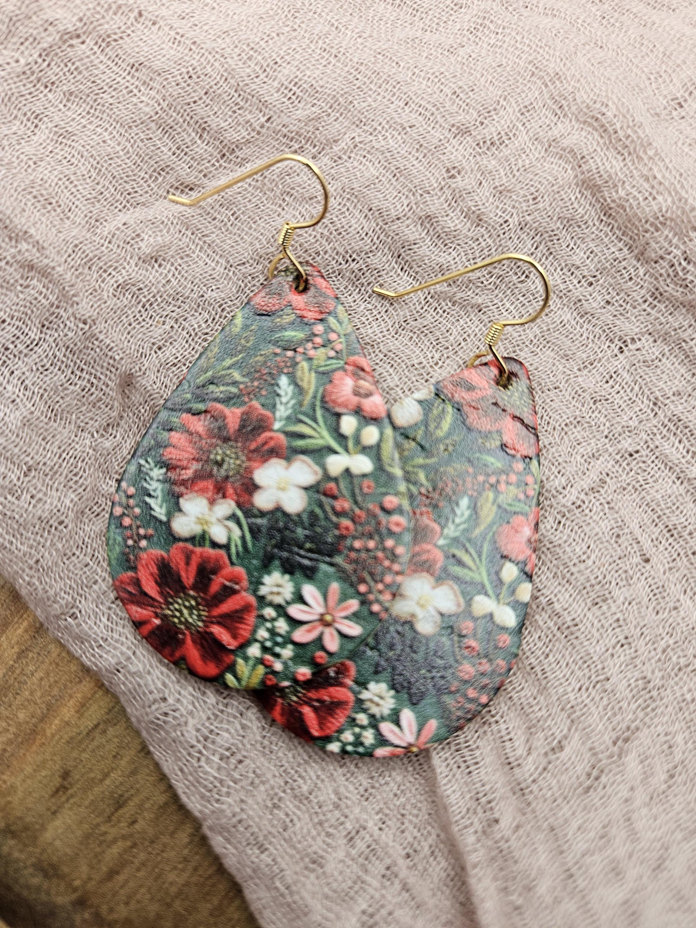Large Handmade Holiday Cork Teardrop Earrings with Genuine Leather Backing- Lightweight - Thumbnail 5