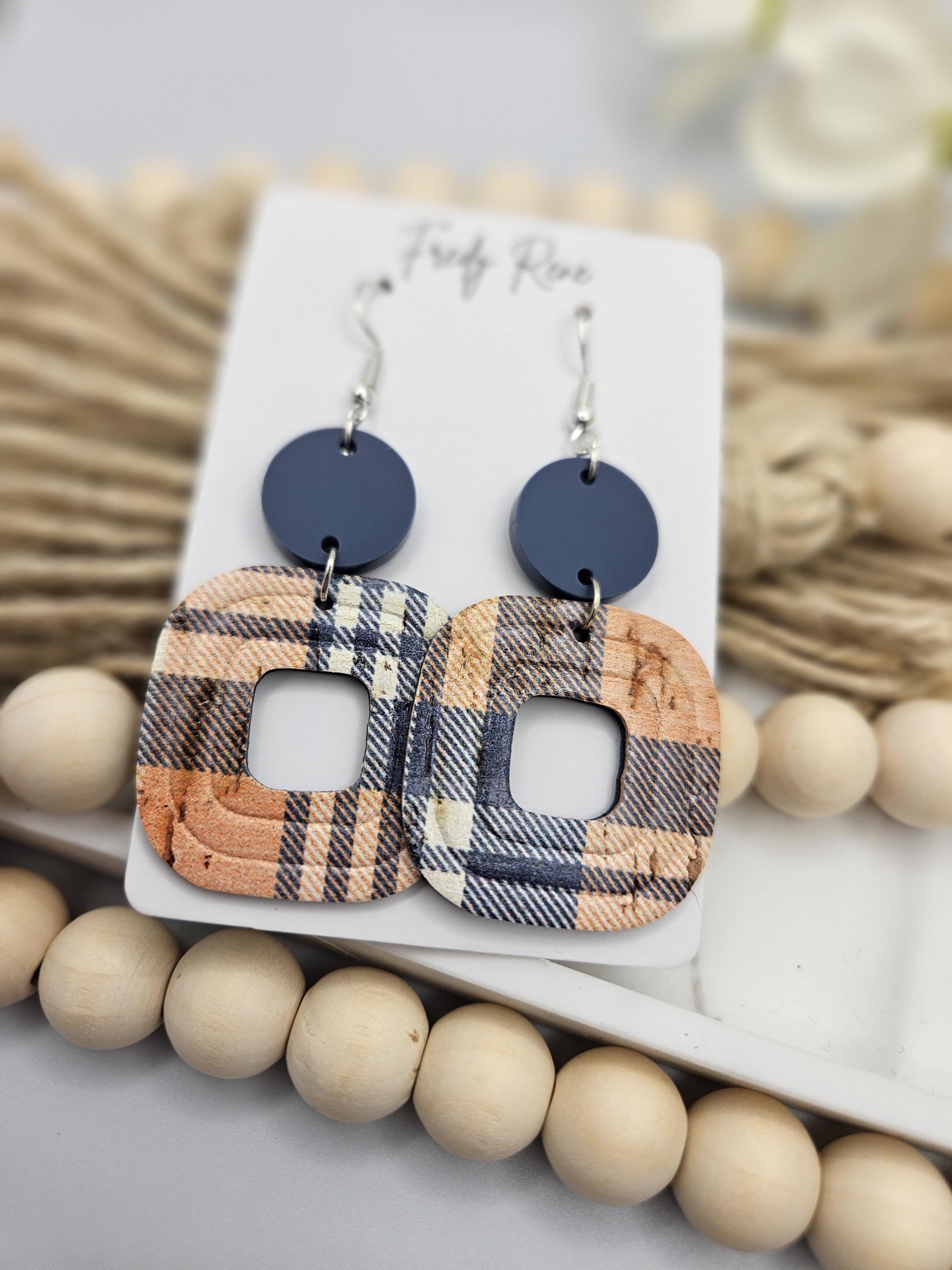 Trendy Fall Plaid Cork Earrings Backed with Genuine Leather for Everyday Wear & Statement Style