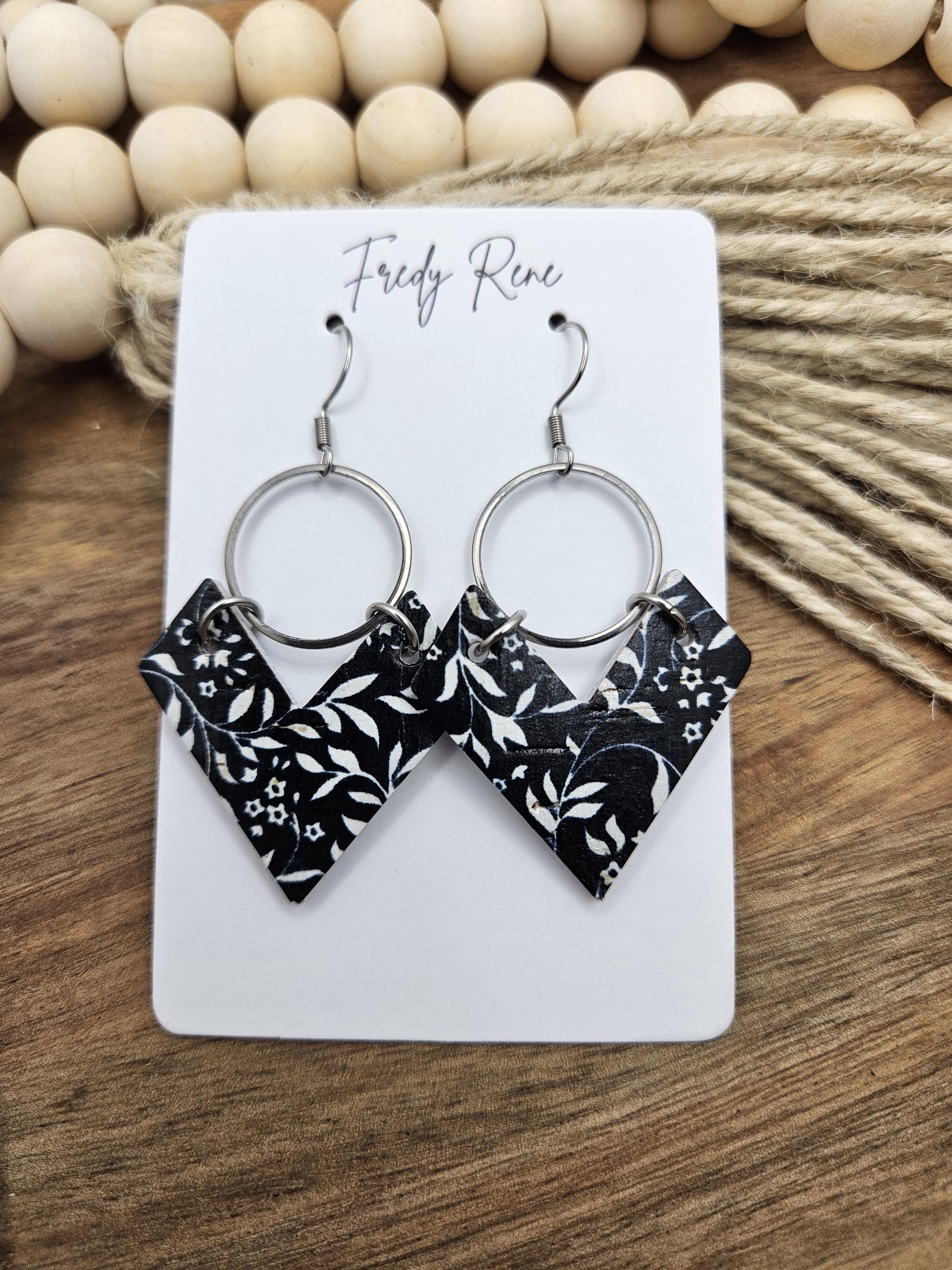 Cork Earrings, Genuine Leather Backing, Black and White Floral - Thumbnail 7