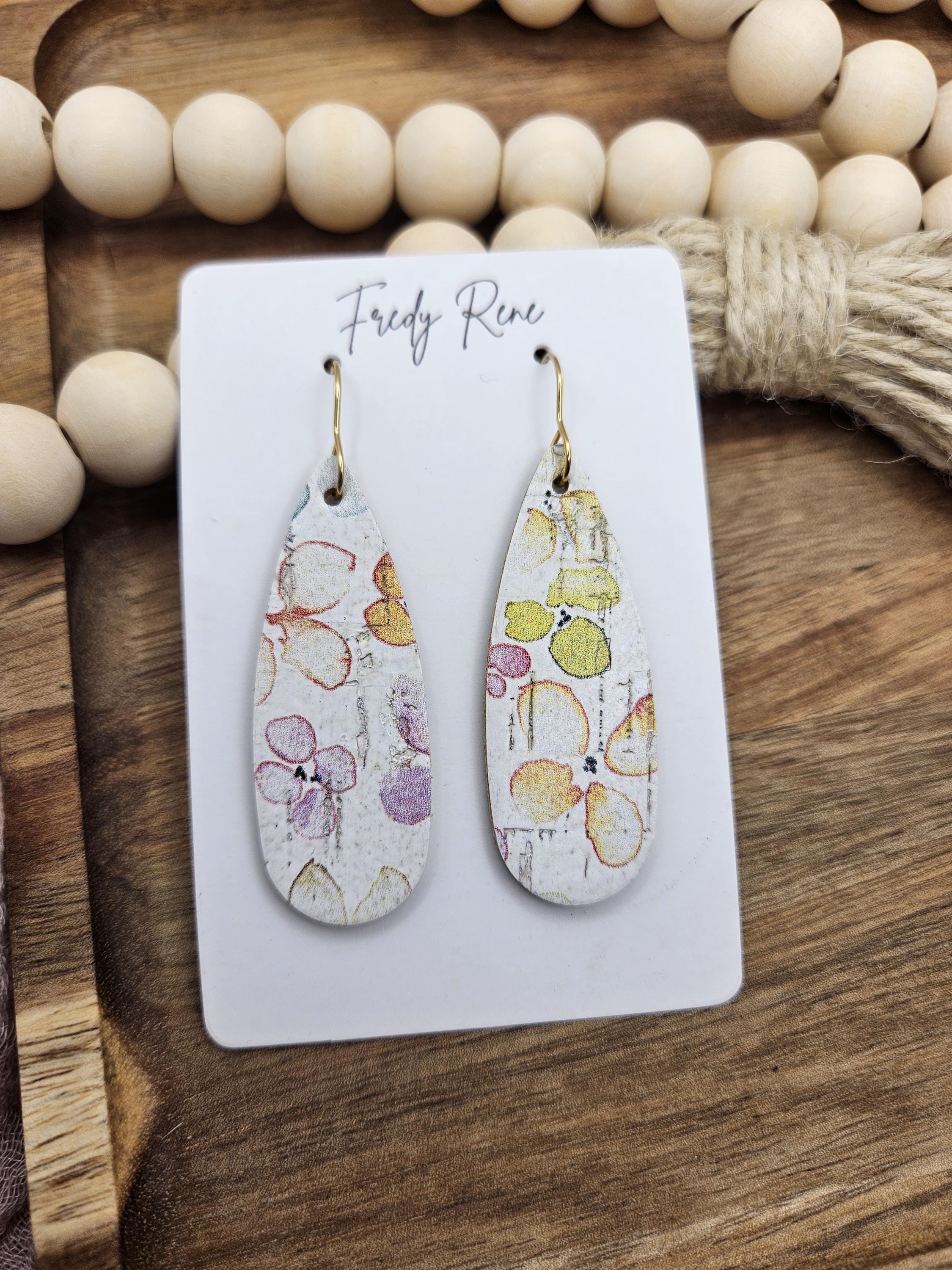 Handcrafted Narrow Watercolor Floral Cork Teardrop Earrings with Genuine Leather Backing