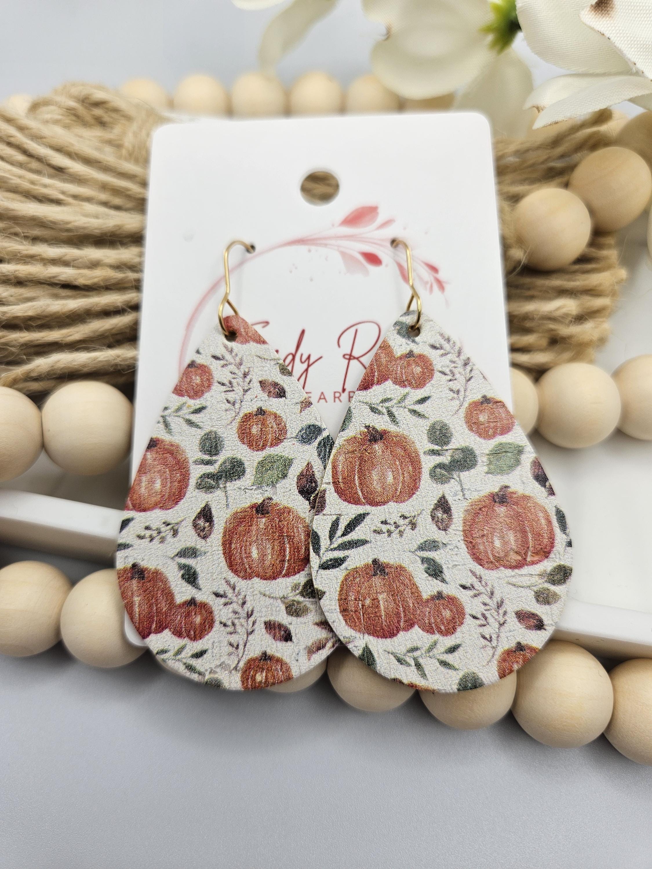 Large Handcrafted Pumpkin Cork Teardrop Earrings with Genuine Leather Backing for Everyday Style - Thumbnail 3