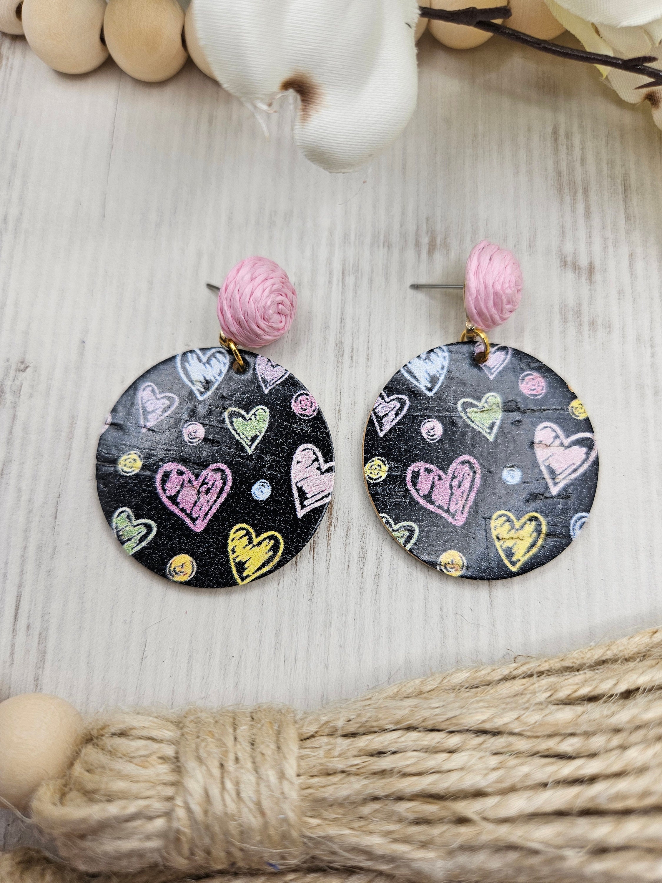 Black Heart Cork Earrings Backed with Genuine Leather with Pink Raffia Rose Studs - Thumbnail 7