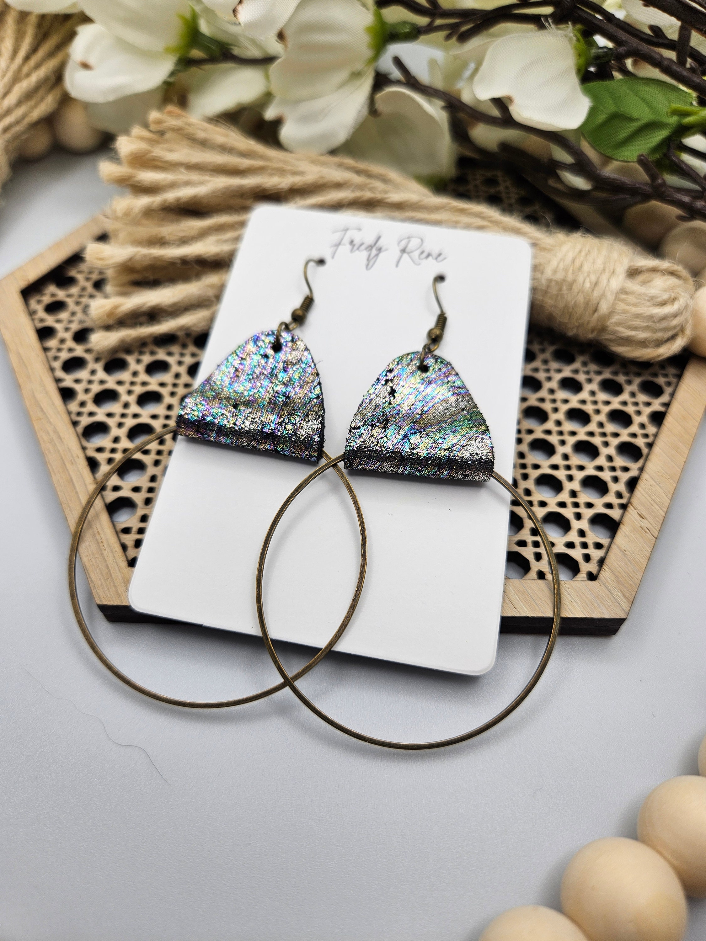 Iridescent Leather Earrings with Metal Hoops- Handmade Lightweight Trendy Jewelry- Unique Everyday Wear - Thumbnail 4
