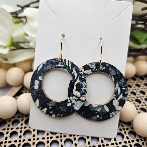 Navy Floral Cork Backed with Genuine Leather Earrings